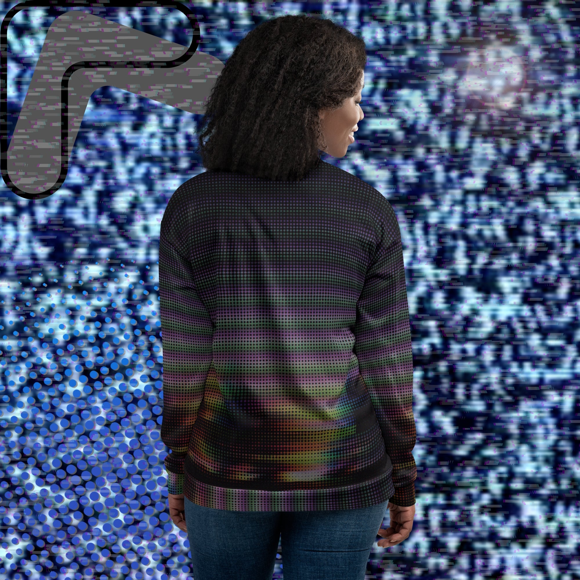 Primarily black full color all over print bomber jacket with a distorted and glitched aurora borealis sunset behind warped pine trees overlayed with black dots forming retro television scan lines and vibrant iridescent shades of color darkening towards the top