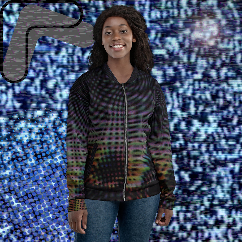 Primarily black full color all over print bomber jacket with a distorted and glitched aurora borealis sunset behind warped pine trees overlayed with black dots forming retro television scan lines and vibrant iridescent shades of color darkening towards the top