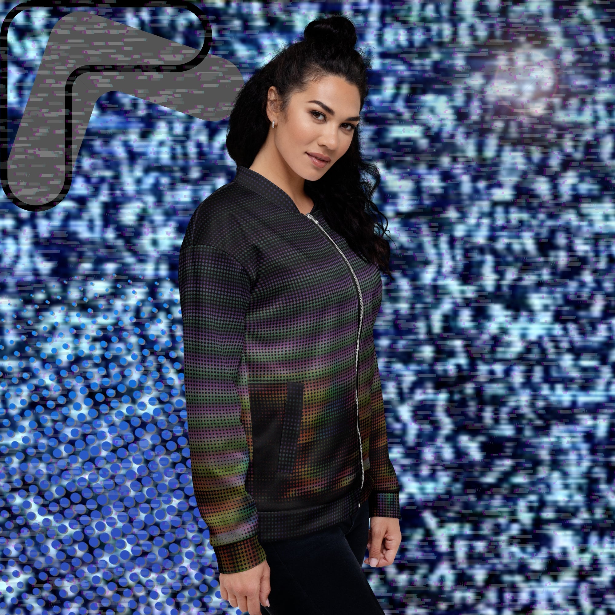 Primarily black full color all over print bomber jacket with a distorted and glitched aurora borealis sunset behind warped pine trees overlayed with black dots forming retro television scan lines and vibrant iridescent shades of color darkening towards the top