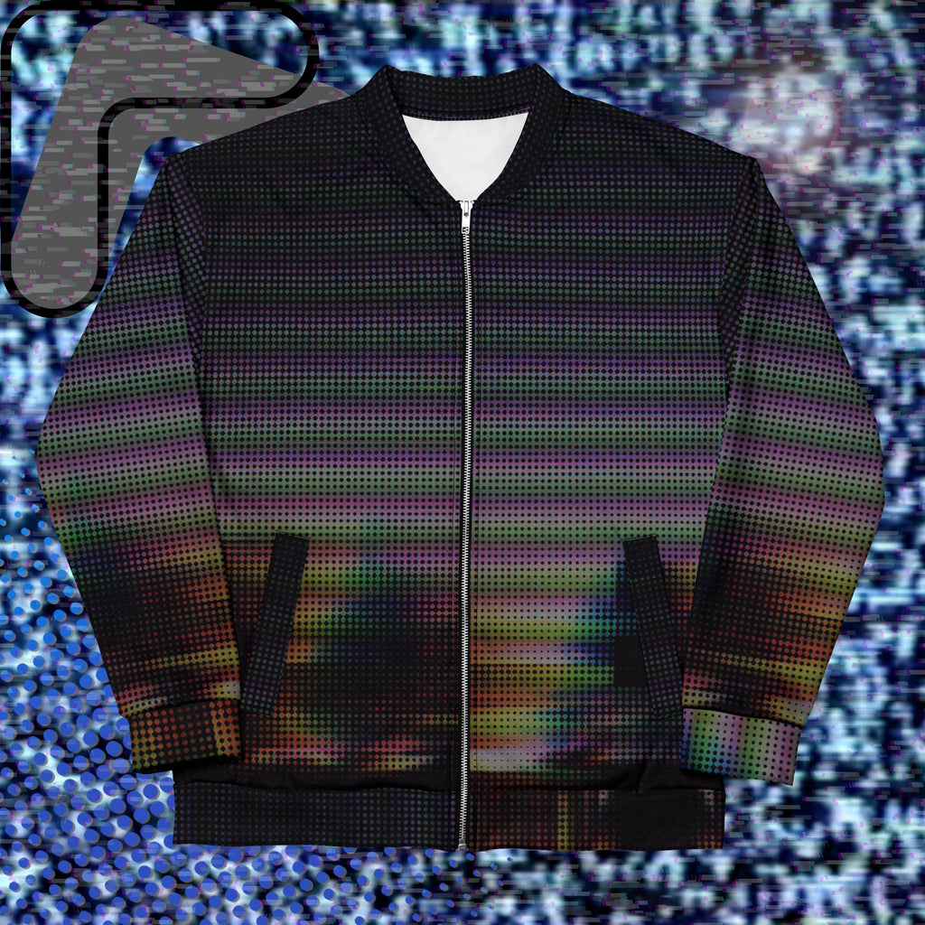 Primarily black full color all over print bomber jacket with a distorted and glitched aurora borealis sunset behind warped pine trees overlayed with black dots forming retro television scan lines and vibrant iridescent shades of color darkening towards the top
