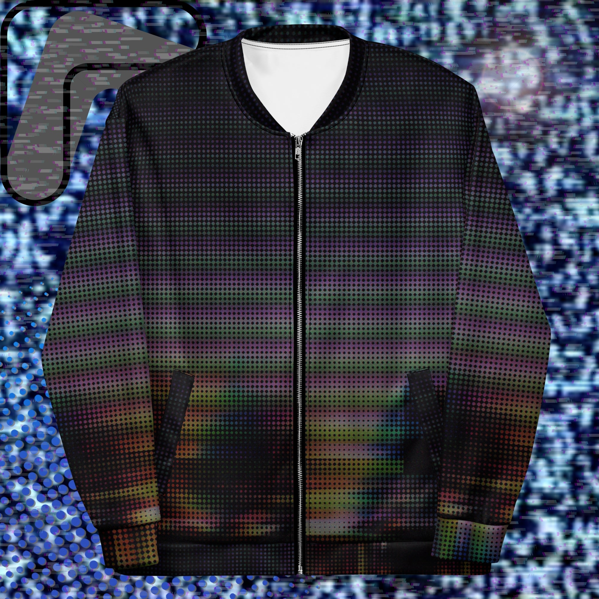 Primarily black full color all over print bomber jacket with a distorted and glitched aurora borealis sunset behind warped pine trees overlayed with black dots forming retro television scan lines and vibrant iridescent shades of color darkening towards the top
