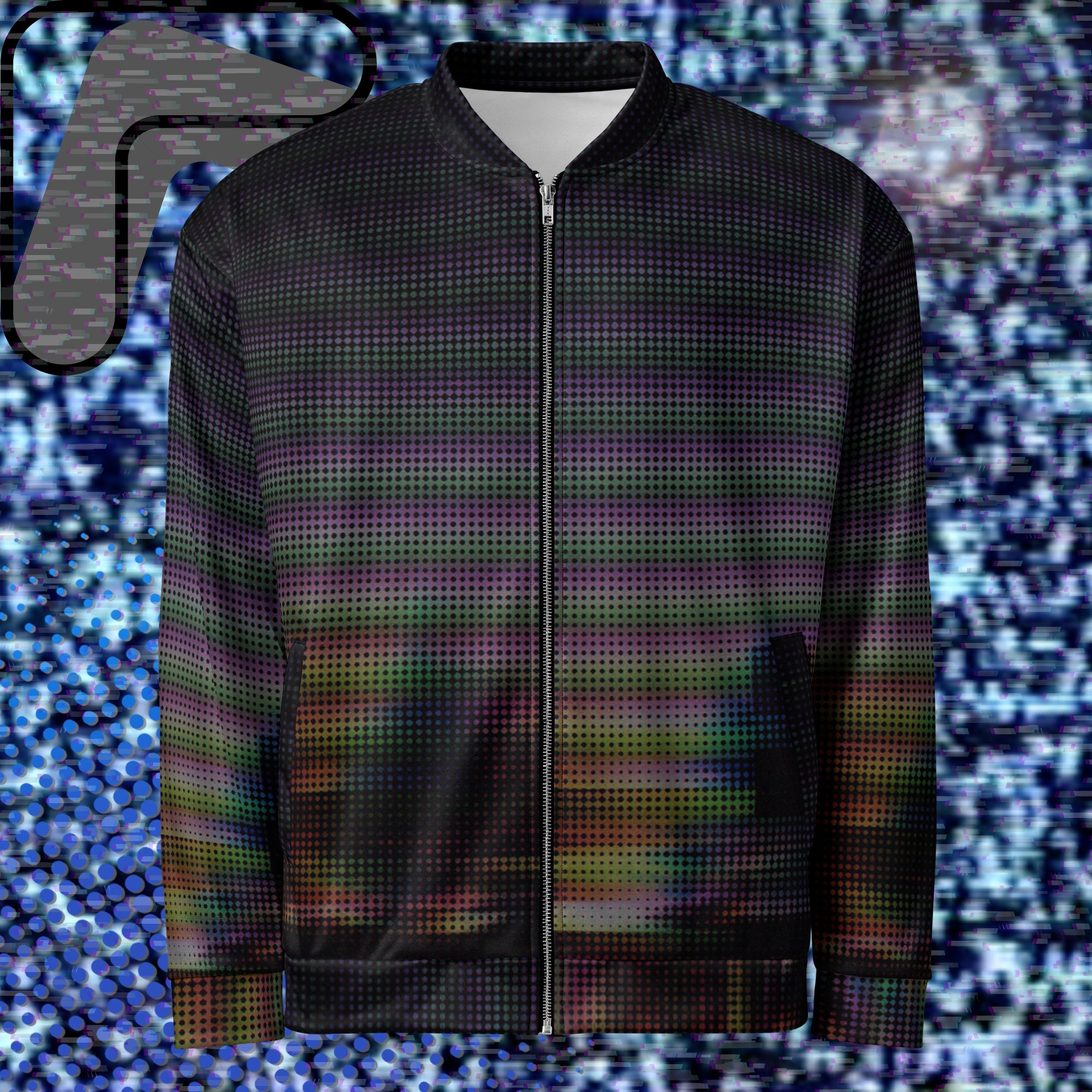Primarily black full color all over print bomber jacket with a distorted and glitched aurora borealis sunset behind warped pine trees overlayed with black dots forming retro television scan lines and vibrant iridescent shades of color darkening towards the top