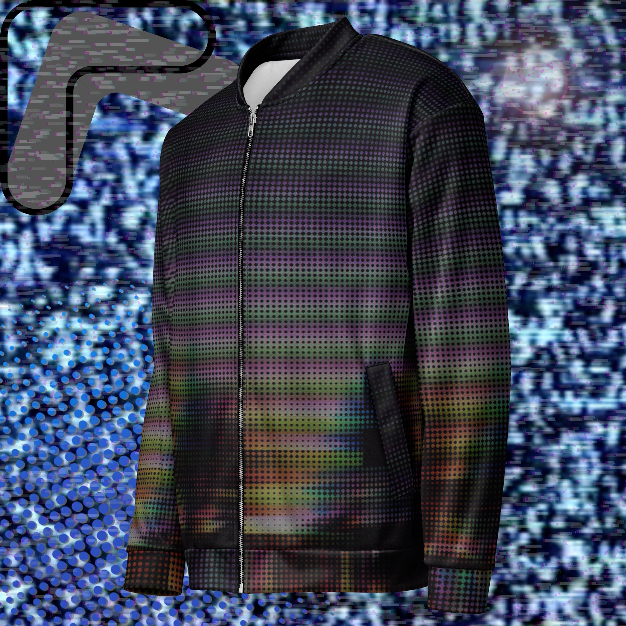 Primarily black full color all over print bomber jacket with a distorted and glitched aurora borealis sunset behind warped pine trees overlayed with black dots forming retro television scan lines and vibrant iridescent shades of color darkening towards the top