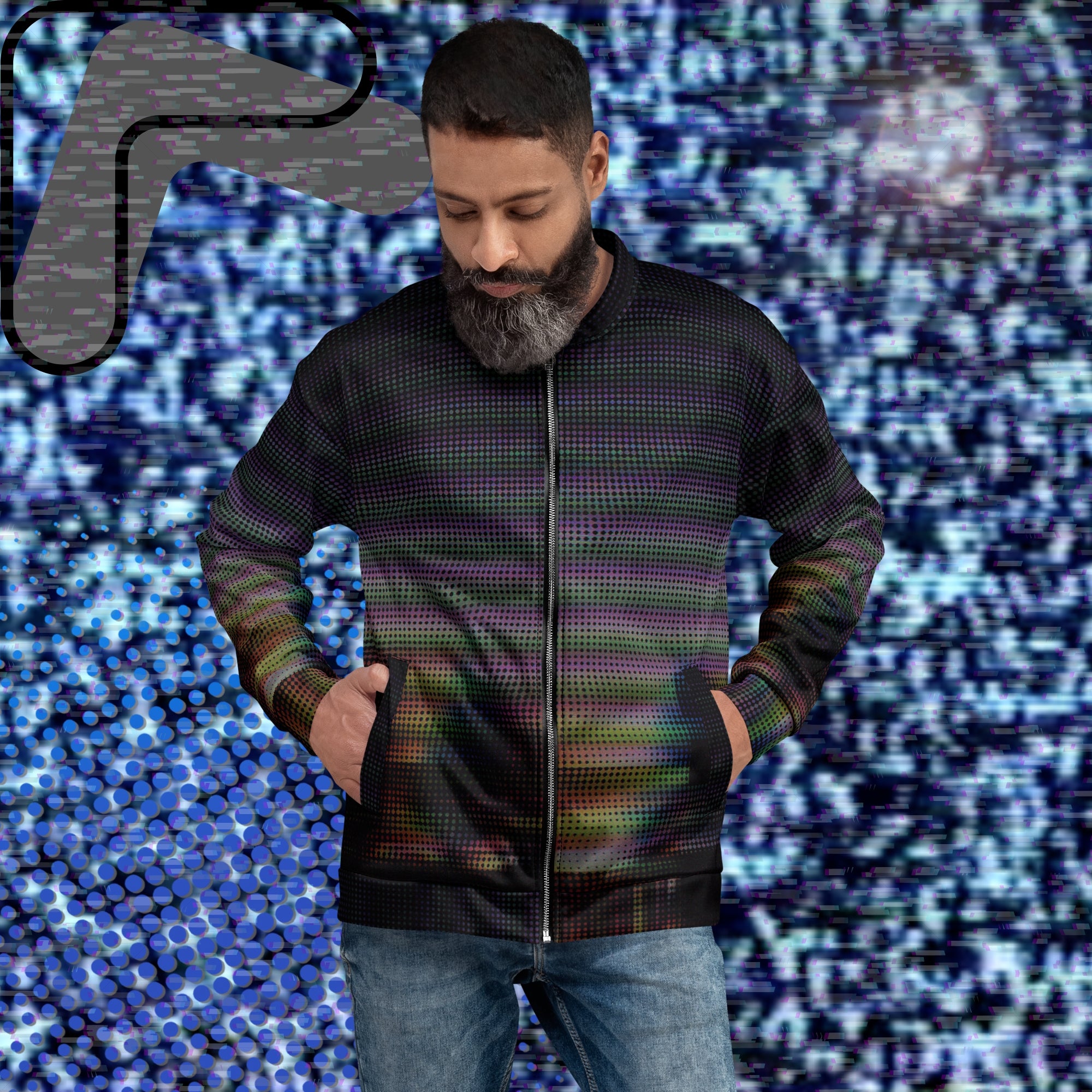 Primarily black full color all over print bomber jacket with a distorted and glitched aurora borealis sunset behind warped pine trees overlayed with black dots forming retro television scan lines and vibrant iridescent shades of color darkening towards the top