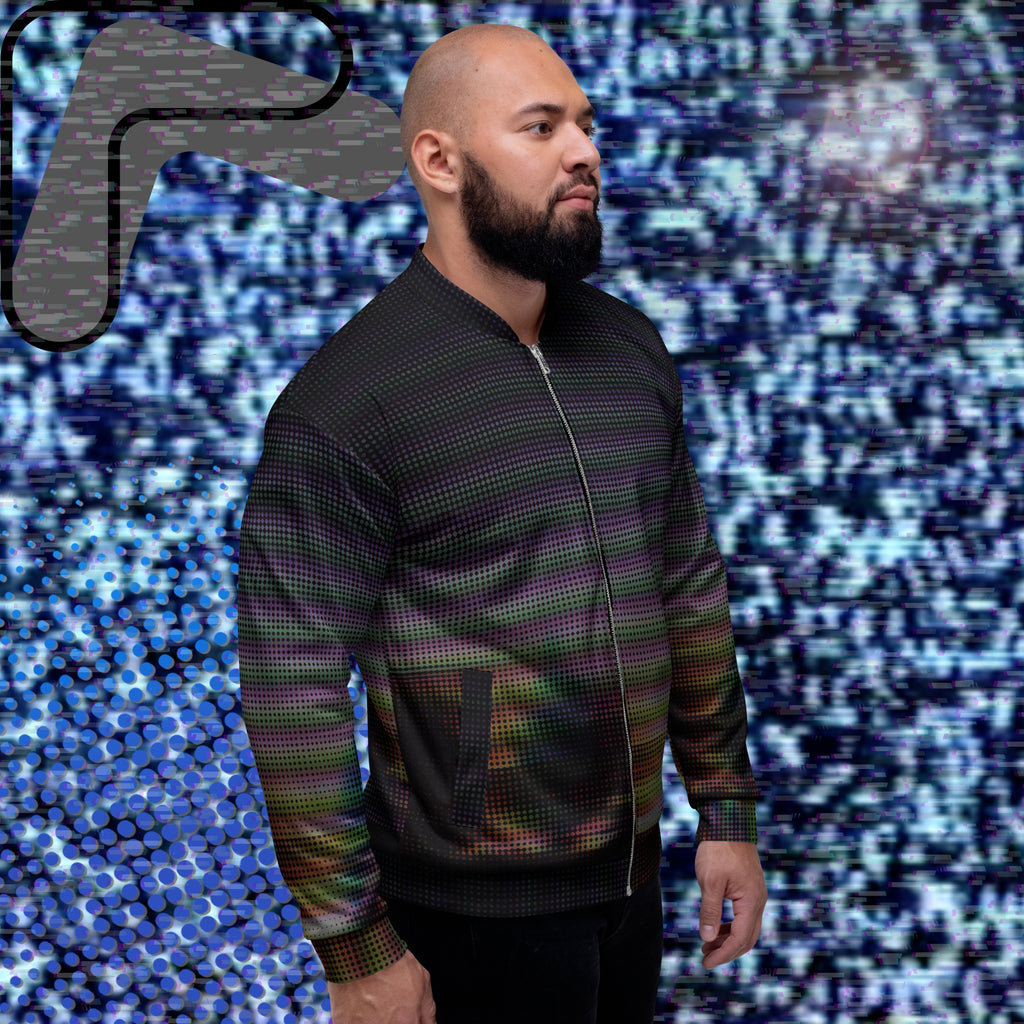 Primarily black full color all over print bomber jacket with a distorted and glitched aurora borealis sunset behind warped pine trees overlayed with black dots forming retro television scan lines and vibrant iridescent shades of color darkening towards the top