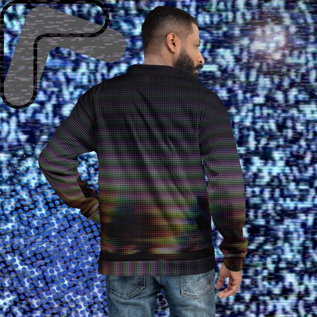 Primarily black full color all over print bomber jacket with a distorted and glitched aurora borealis sunset behind warped pine trees overlayed with black dots forming retro television scan lines and vibrant iridescent shades of color darkening towards the top