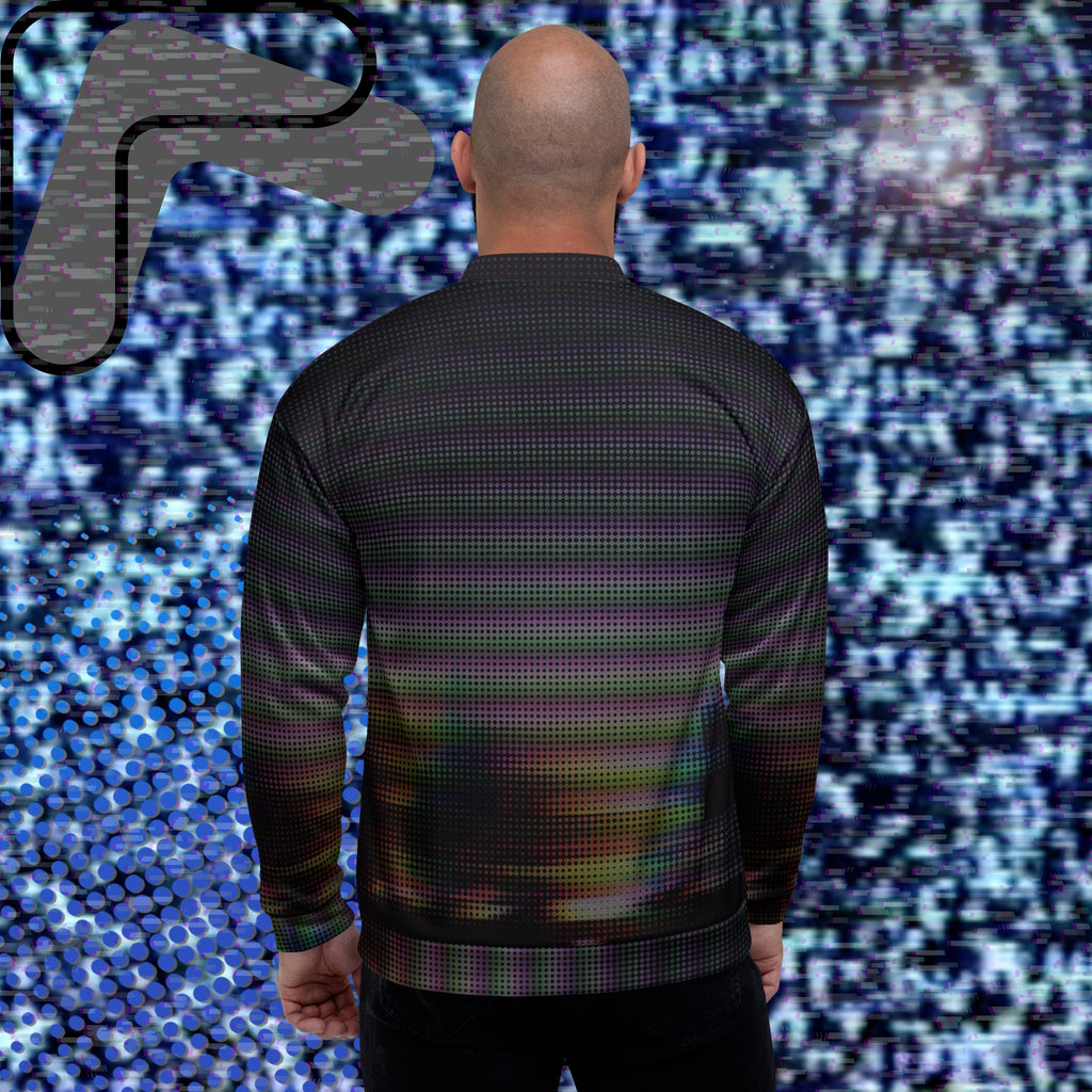 Primarily black full color all over print bomber jacket with a distorted and glitched aurora borealis sunset behind warped pine trees overlayed with black dots forming retro television scan lines and vibrant iridescent shades of color darkening towards the top