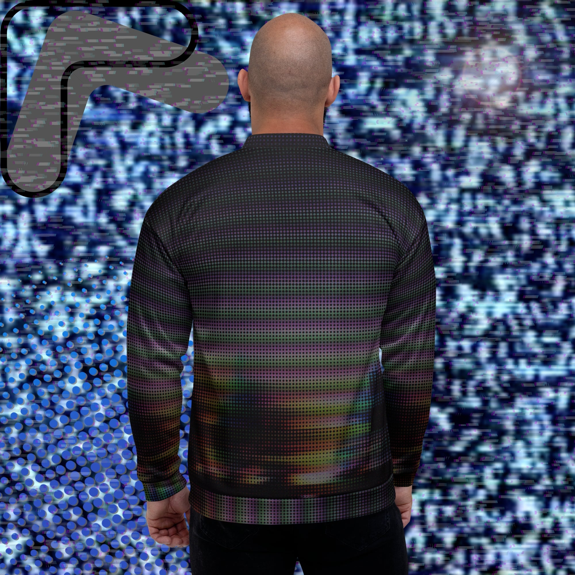 Primarily black full color all over print bomber jacket with a distorted and glitched aurora borealis sunset behind warped pine trees overlayed with black dots forming retro television scan lines and vibrant iridescent shades of color darkening towards the top
