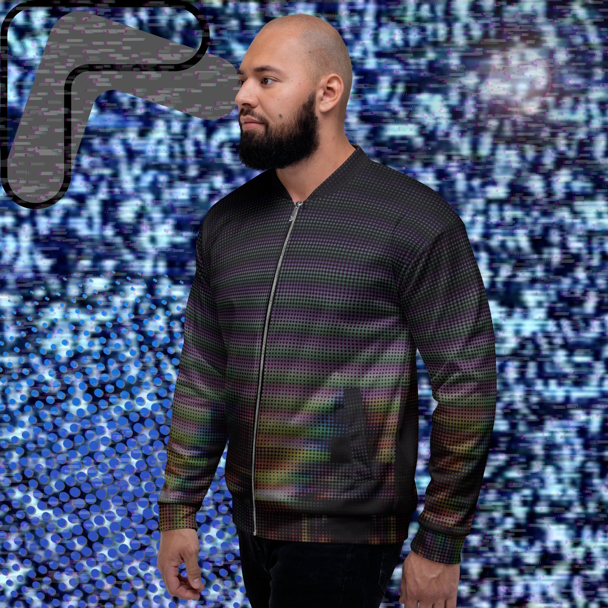 Primarily black full color all over print bomber jacket with a distorted and glitched aurora borealis sunset behind warped pine trees overlayed with black dots forming retro television scan lines and vibrant iridescent shades of color darkening towards the top