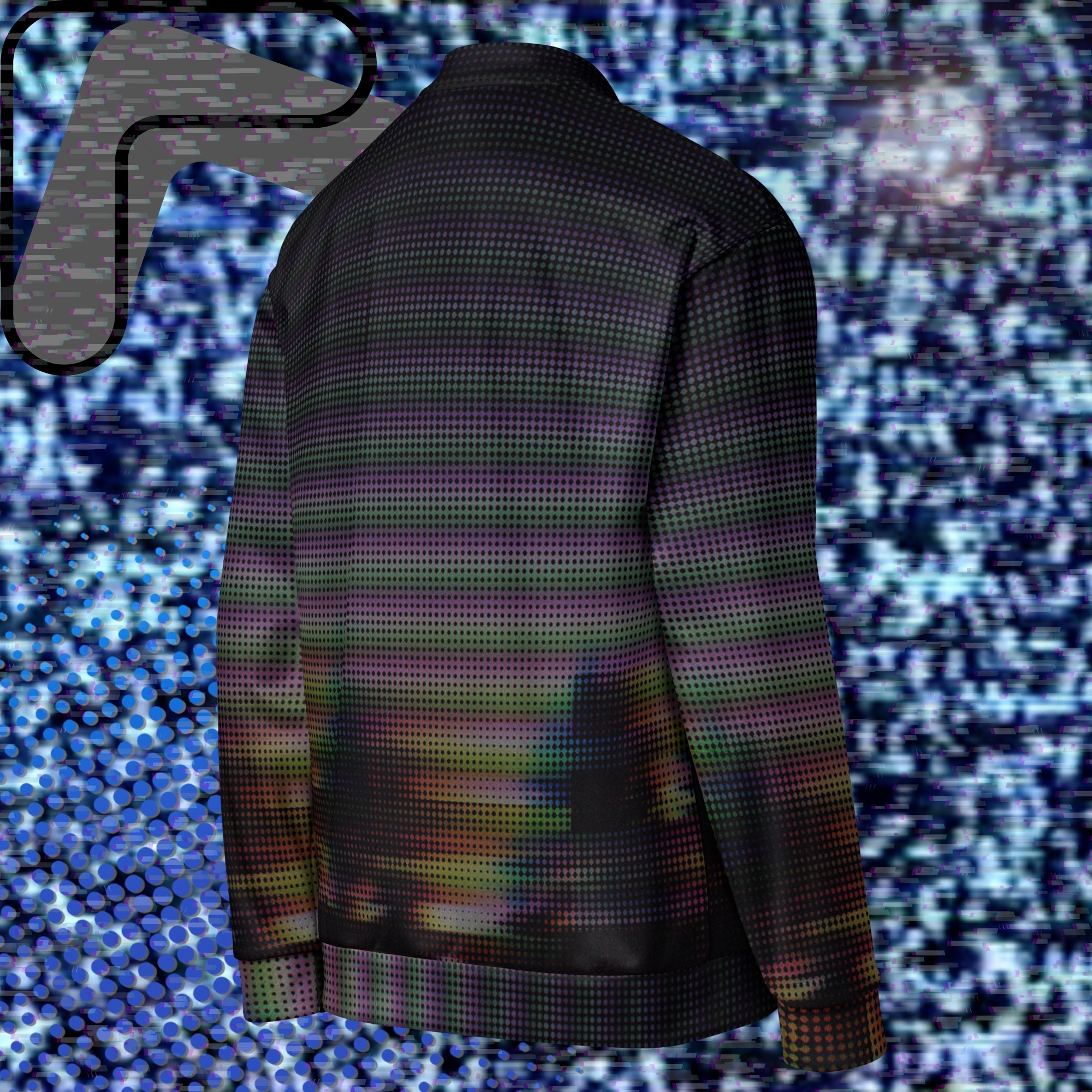 Primarily black full color all over print bomber jacket with a distorted and glitched aurora borealis sunset behind warped pine trees overlayed with black dots forming retro television scan lines and vibrant iridescent shades of color darkening towards the top