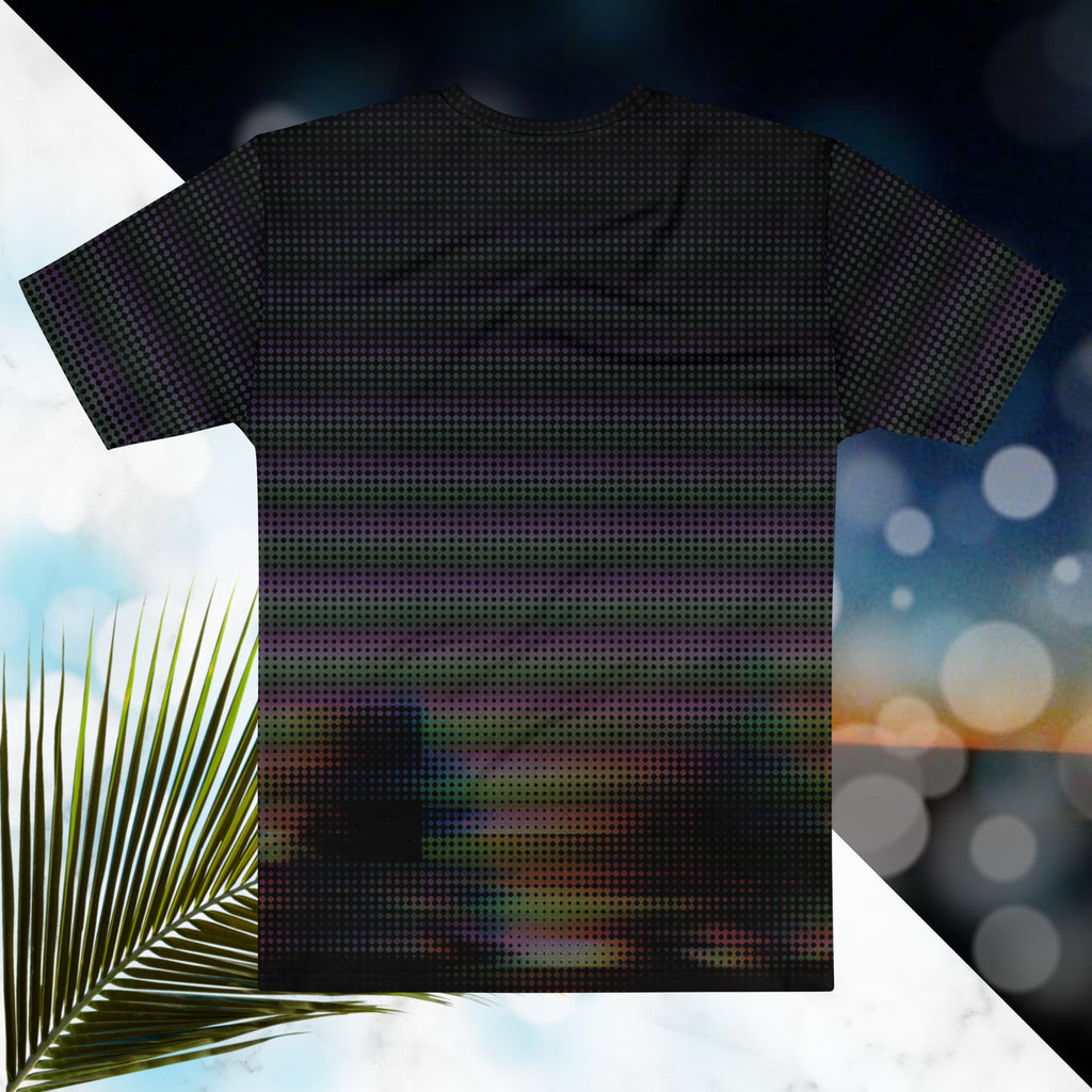 Black all over print graphic t-shirt with a digital distorted and glitched image of tree silhouettes with large format dot distortion in a spectrum of colors creating a vivid and vibrant optical illusion