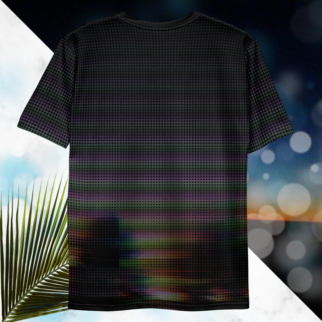 Black all over print graphic t-shirt with a digital distorted and glitched image of tree silhouettes with large format dot distortion in a spectrum of colors creating a vivid and vibrant optical illusion