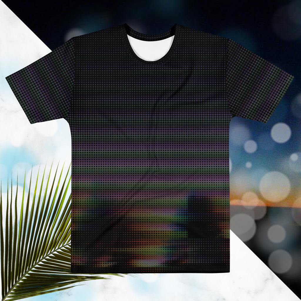 Black all over print graphic t-shirt with a digital distorted and glitched image of tree silhouettes with large format dot distortion in a spectrum of colors creating a vivid and vibrant optical illusion
