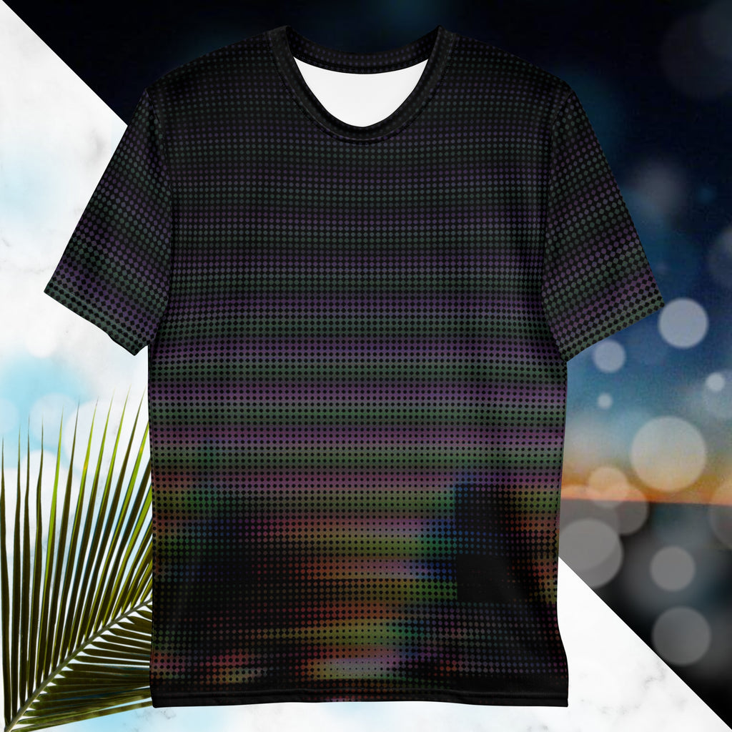 Black all over print graphic t-shirt with a digital distorted and glitched image of tree silhouettes with large format dot distortion in a spectrum of colors creating a vivid and vibrant optical illusion