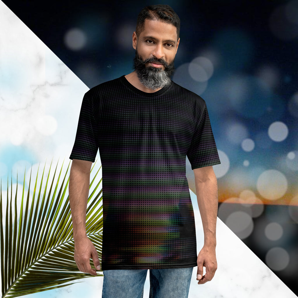 Black all over print graphic t-shirt with a digital distorted and glitched image of tree silhouettes with large format dot distortion in a spectrum of colors creating a vivid and vibrant optical illusion