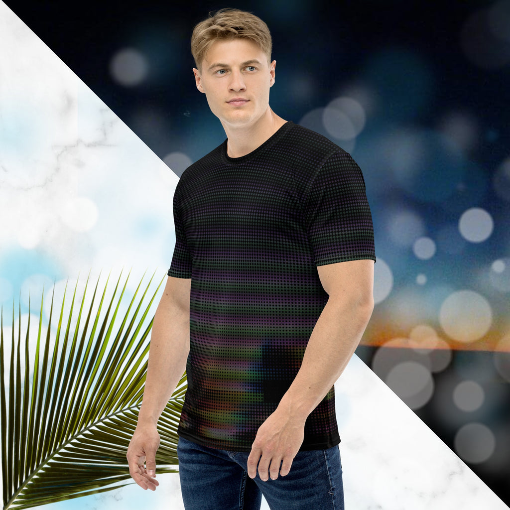 Black all over print graphic t-shirt with a digital distorted and glitched image of tree silhouettes with large format dot distortion in a spectrum of colors creating a vivid and vibrant optical illusion