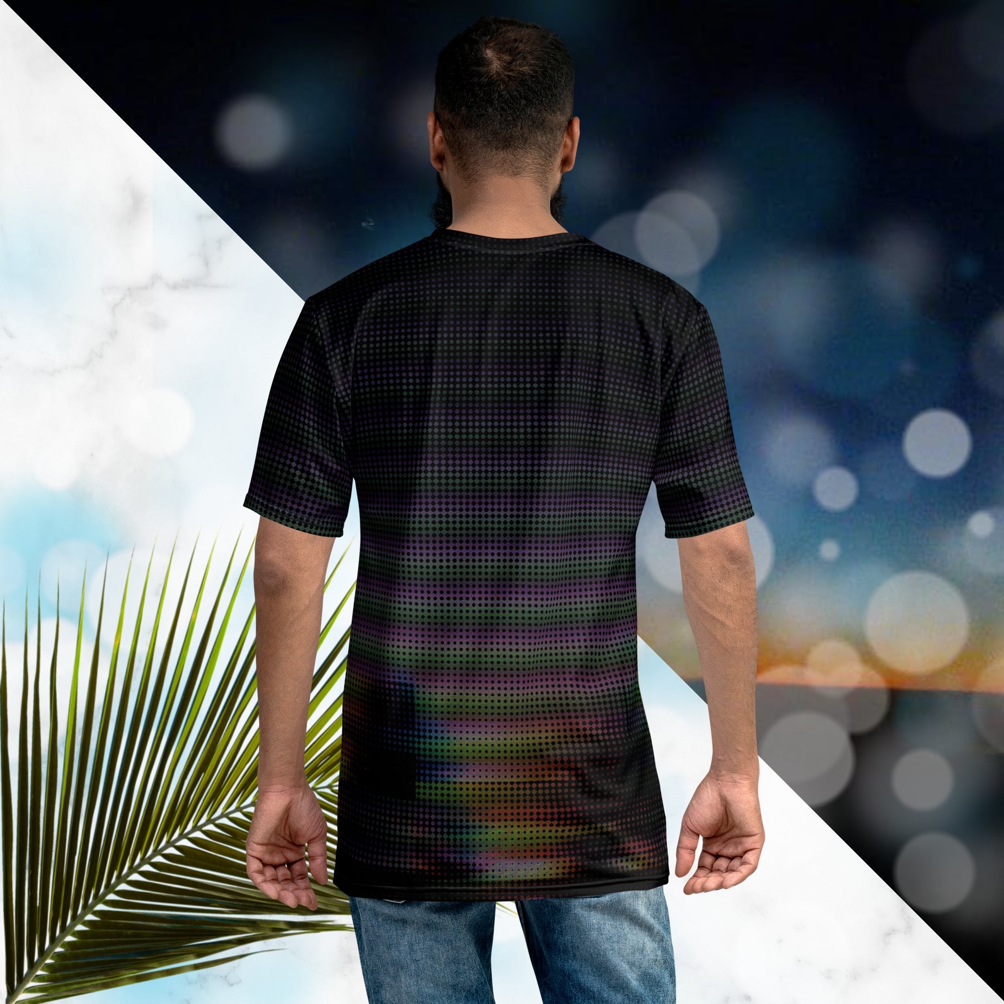 Black all over print graphic t-shirt with a digital distorted and glitched image of tree silhouettes with large format dot distortion in a spectrum of colors creating a vivid and vibrant optical illusion