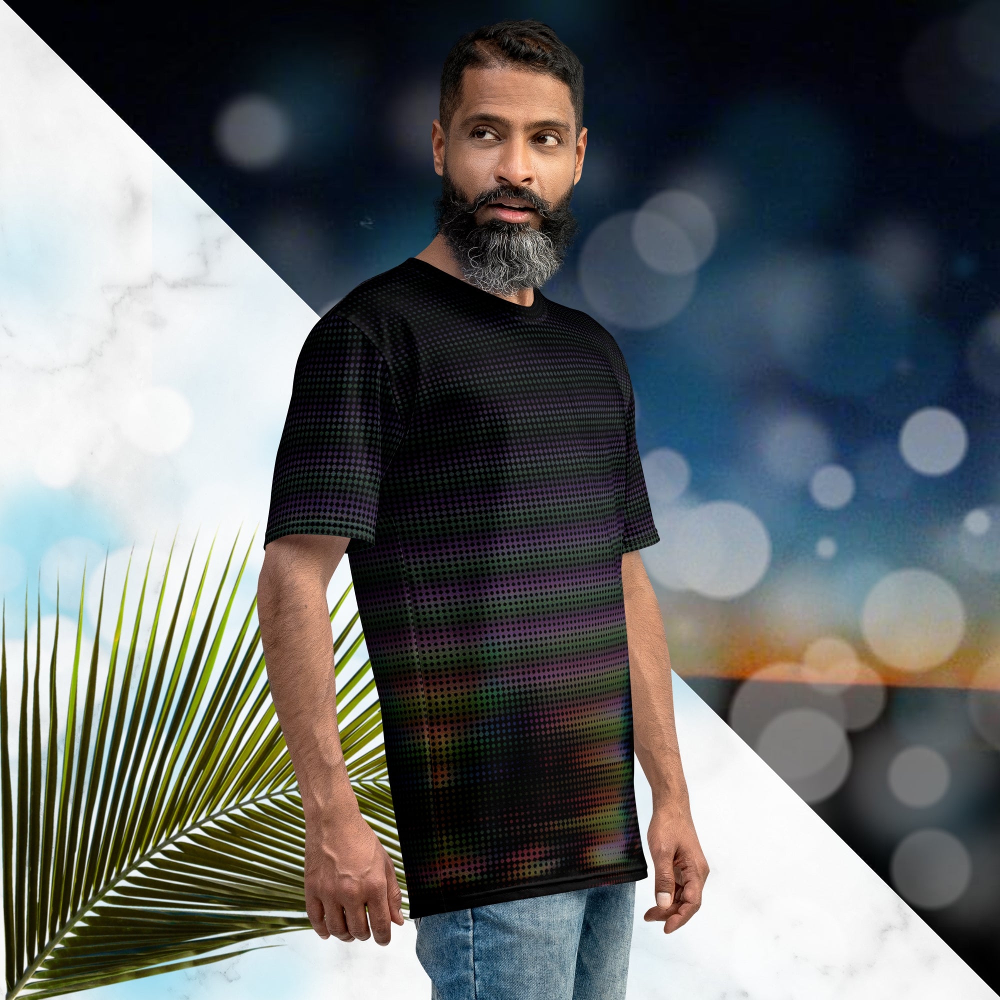 Black all over print graphic t-shirt with a digital distorted and glitched image of tree silhouettes with large format dot distortion in a spectrum of colors creating a vivid and vibrant optical illusion