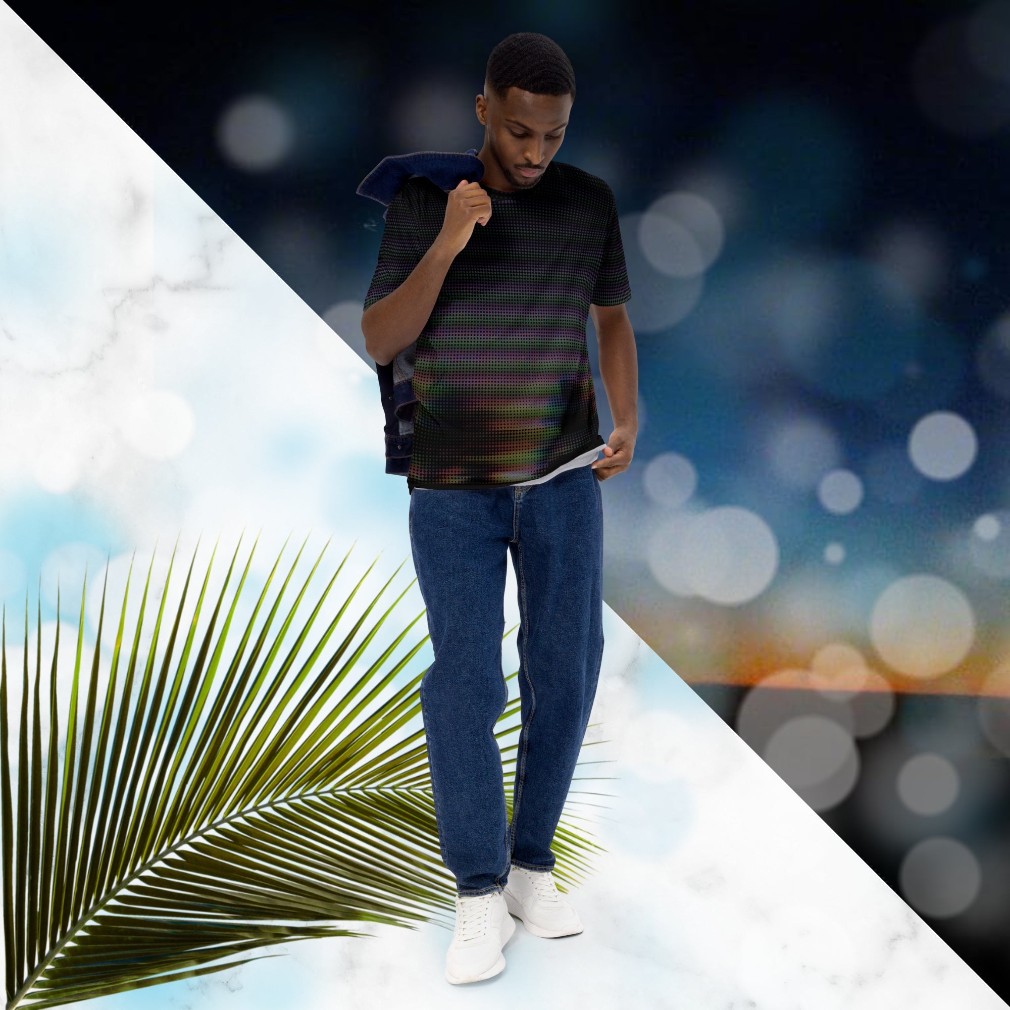 Black all over print graphic t-shirt with a digital distorted and glitched image of tree silhouettes with large format dot distortion in a spectrum of colors creating a vivid and vibrant optical illusion
