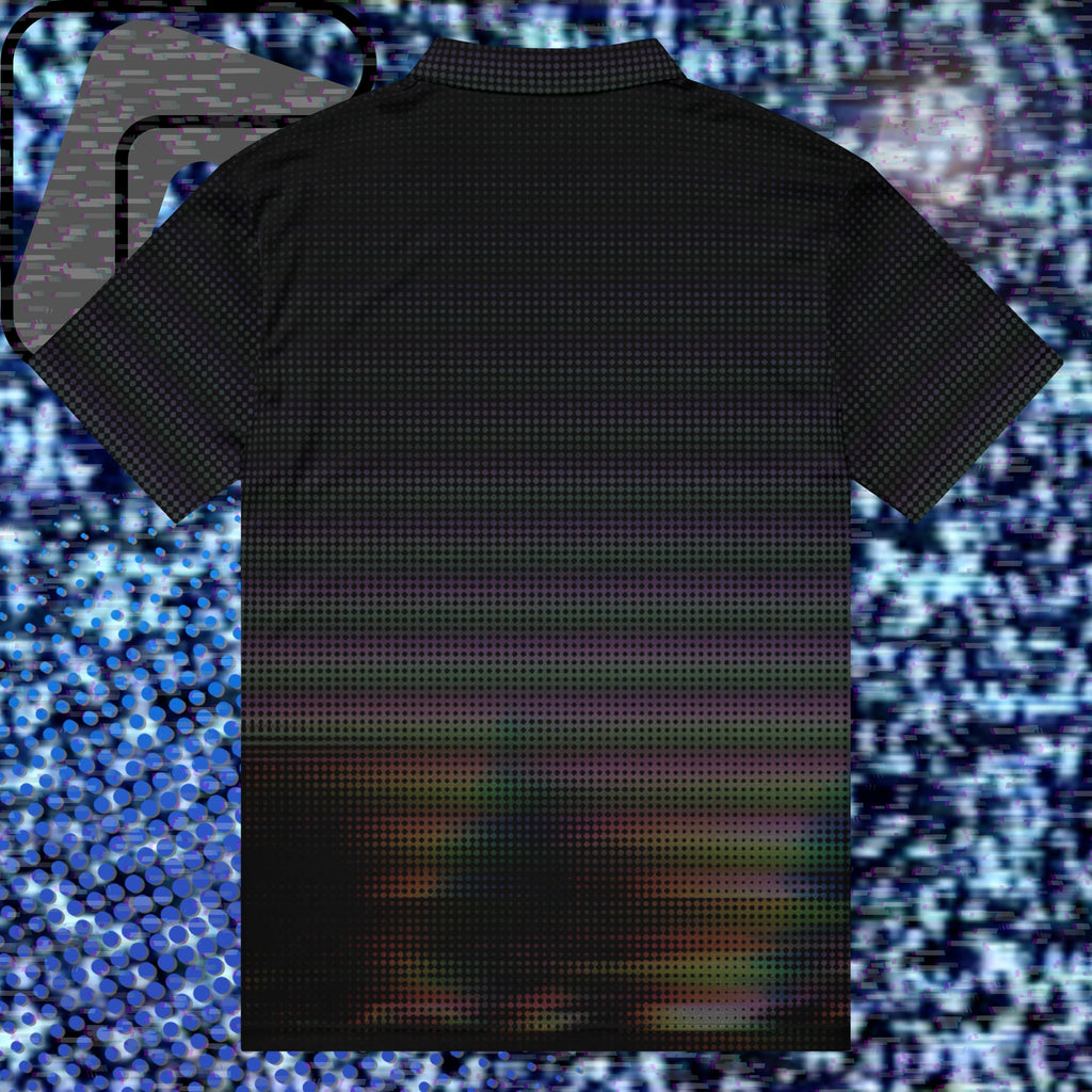Black graphic polo shirt with digital dot effects in dark purple orange and green tones with distorted tree outlines and glitch effects