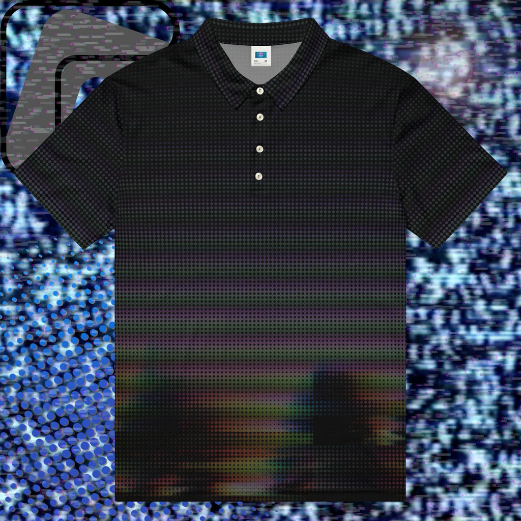 Black graphic polo shirt with digital dot effects in dark purple orange and green tones with distorted tree outlines and glitch effects