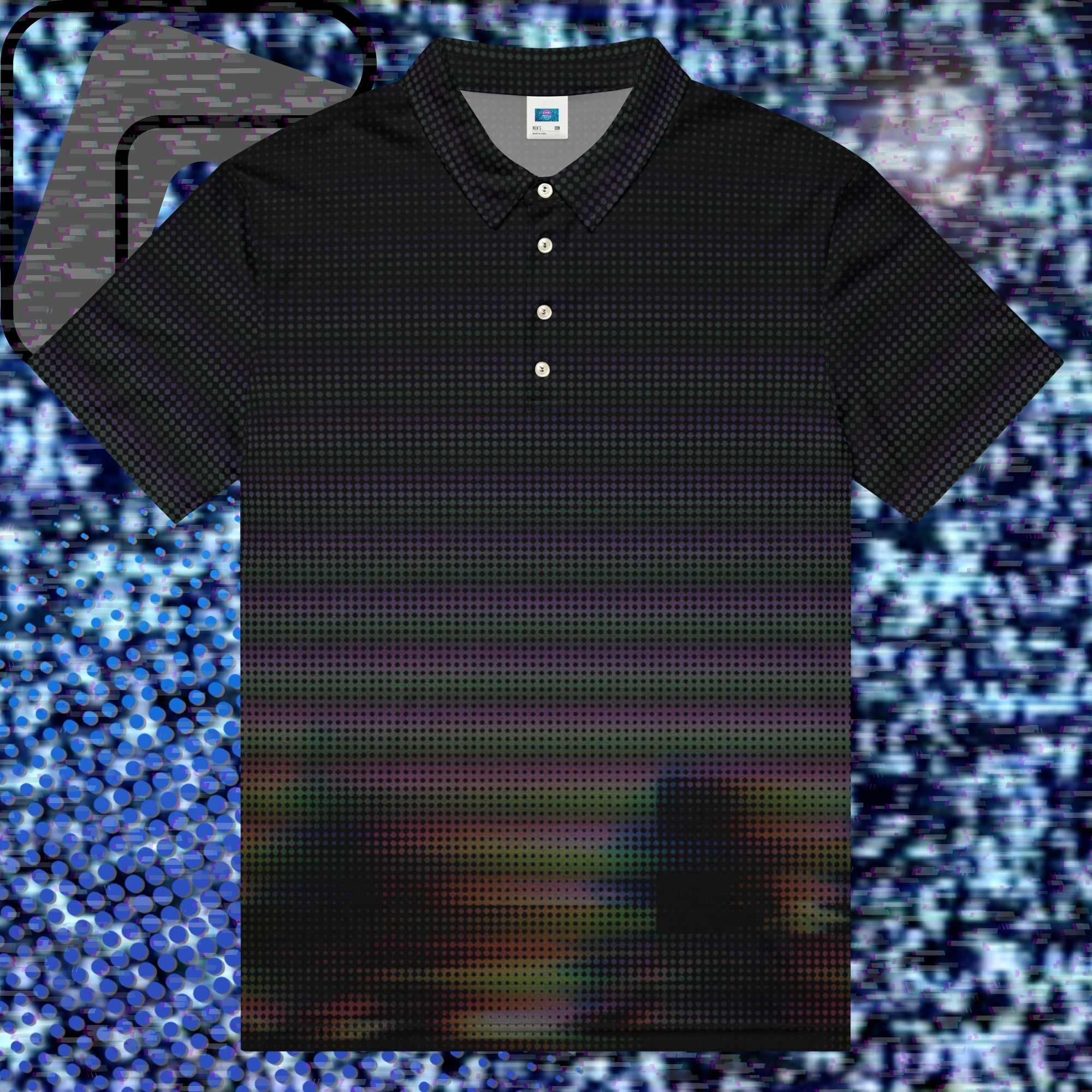 Black graphic polo shirt with digital dot effects in dark purple orange and green tones with distorted tree outlines and glitch effects