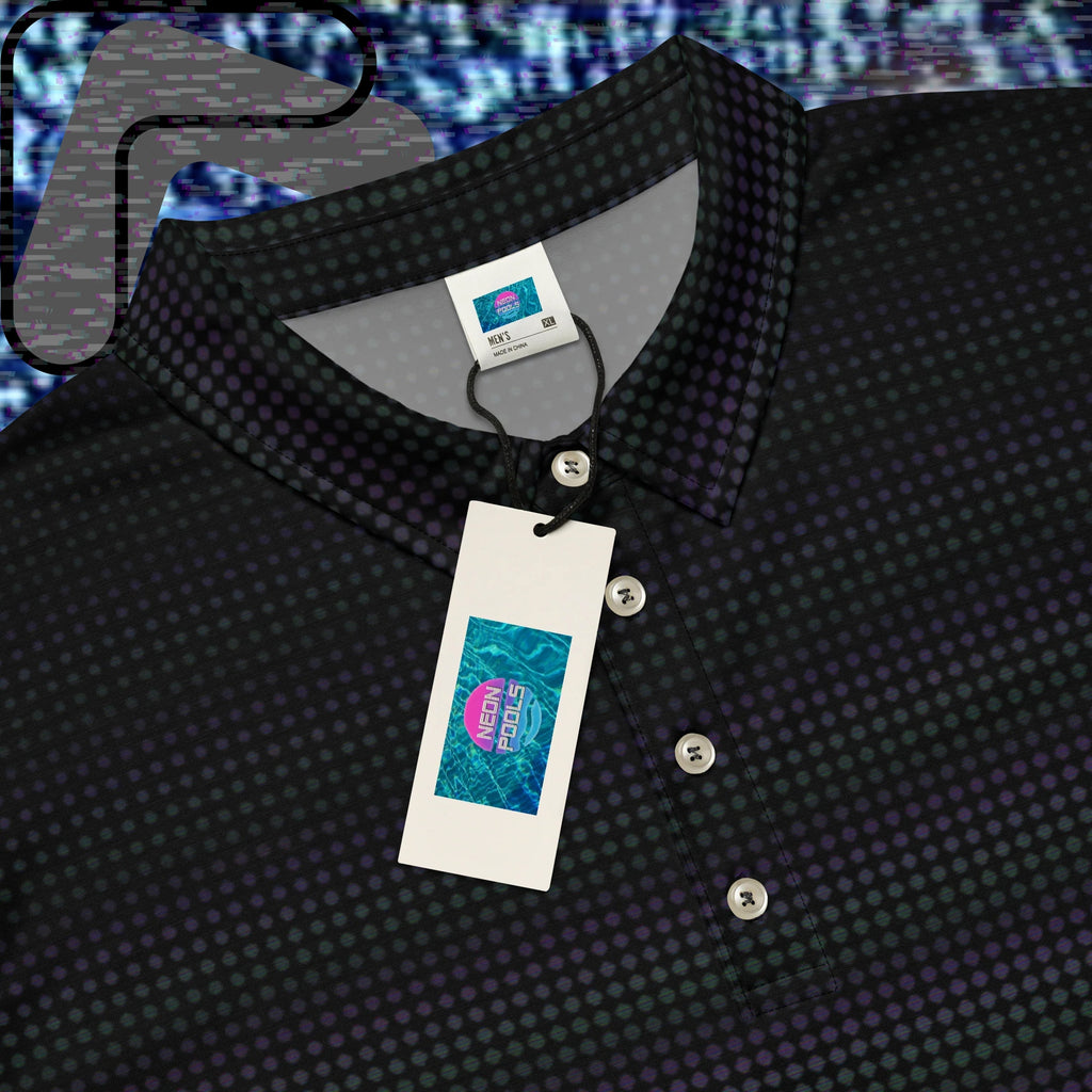 Black graphic polo shirt with digital dot effects in dark purple orange and green tones with distorted tree outlines and glitch effects