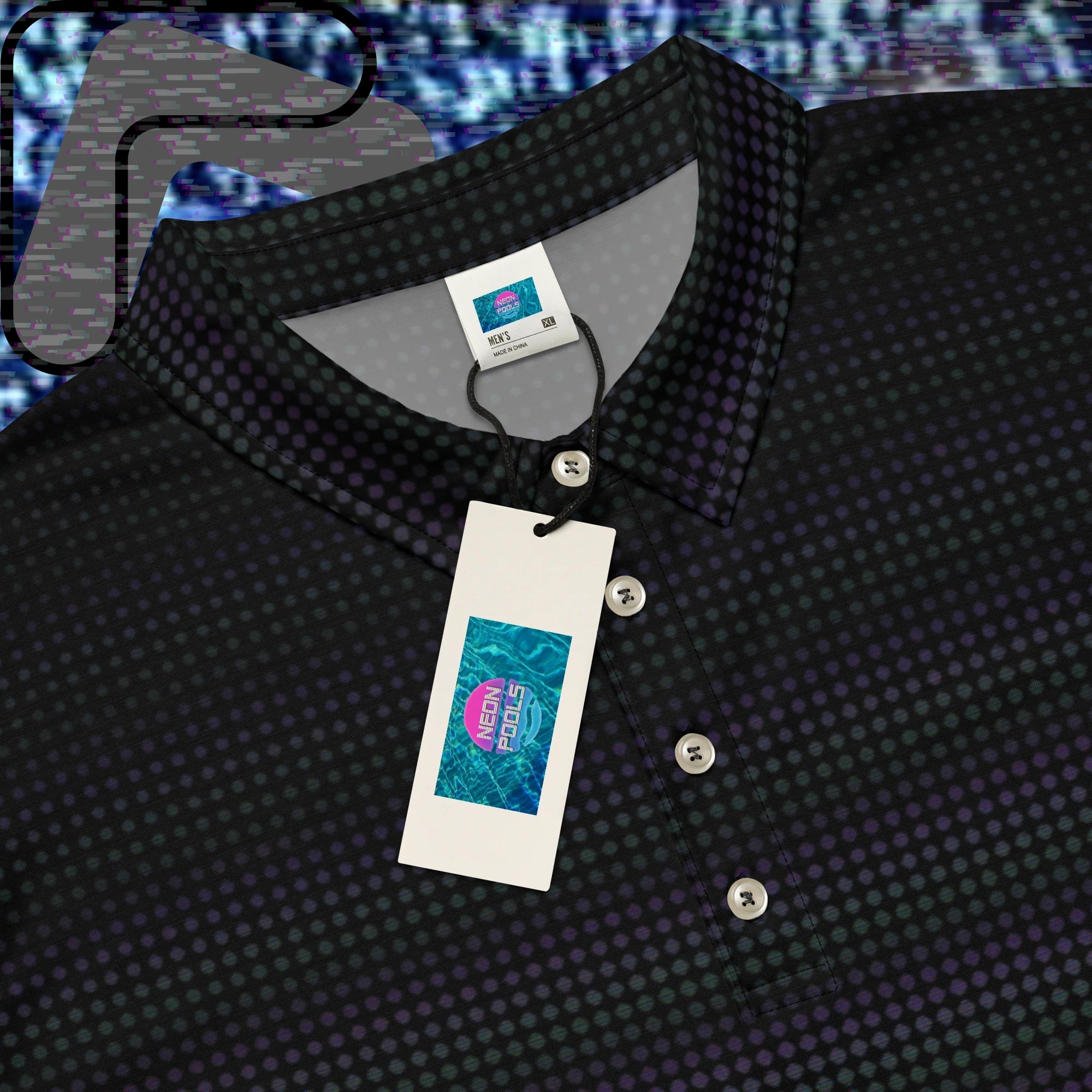 Black graphic polo shirt with digital dot effects in dark purple orange and green tones with distorted tree outlines and glitch effects