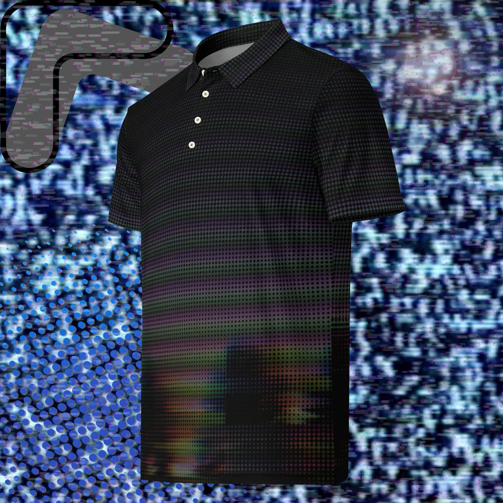 Black graphic polo shirt with digital dot effects in dark purple orange and green tones with distorted tree outlines and glitch effects