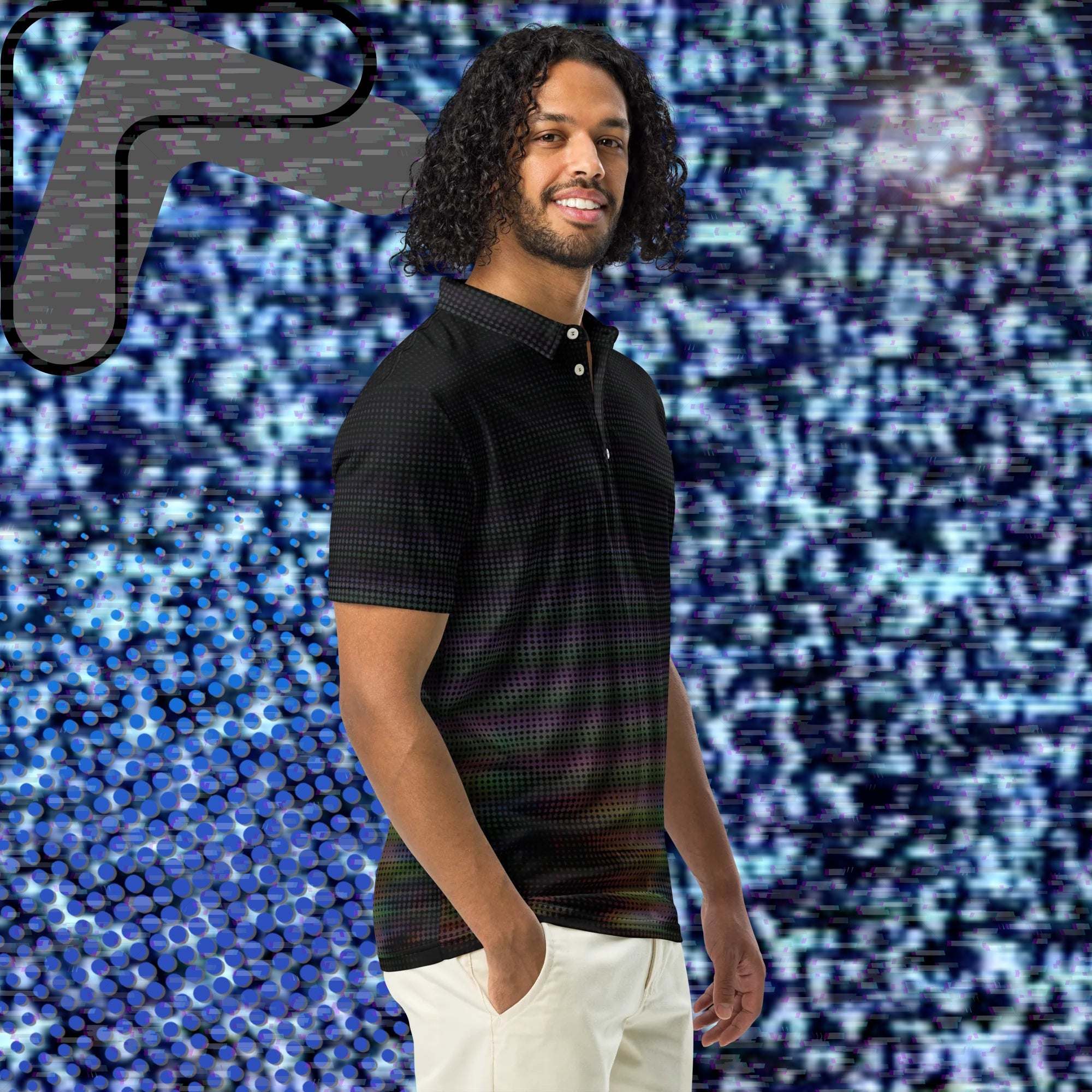 Black graphic polo shirt with digital dot effects in dark purple orange and green tones with distorted tree outlines and glitch effects