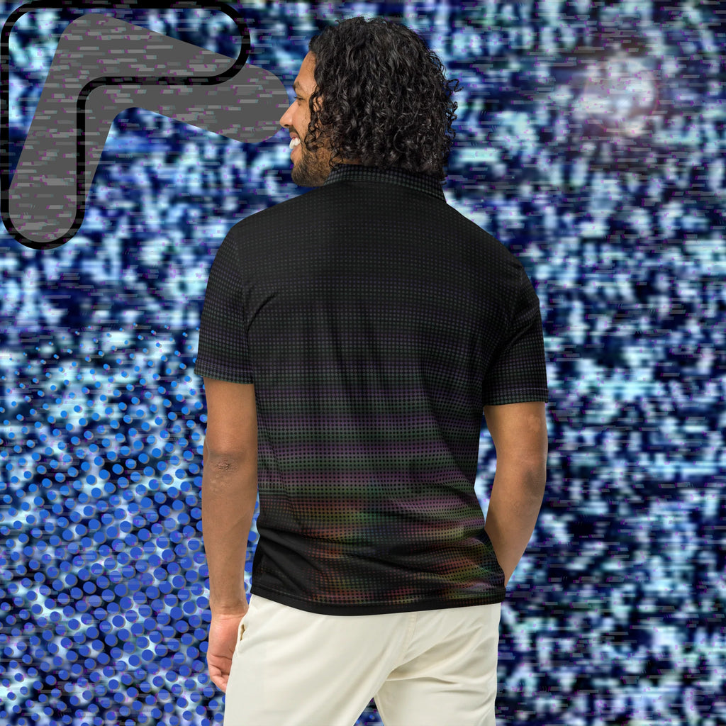 Black graphic polo shirt with digital dot effects in dark purple orange and green tones with distorted tree outlines and glitch effects