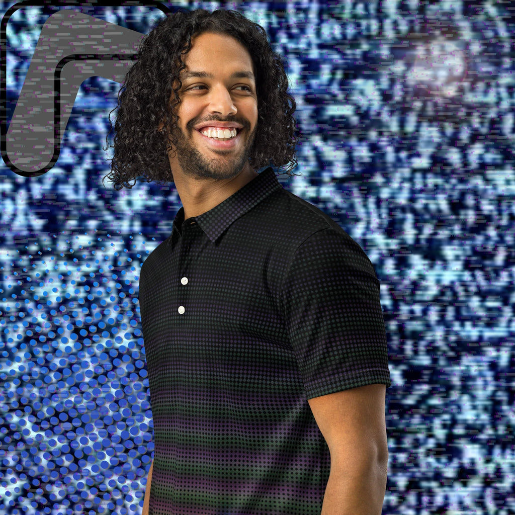 Black graphic polo shirt with digital dot effects in dark purple orange and green tones with distorted tree outlines and glitch effects