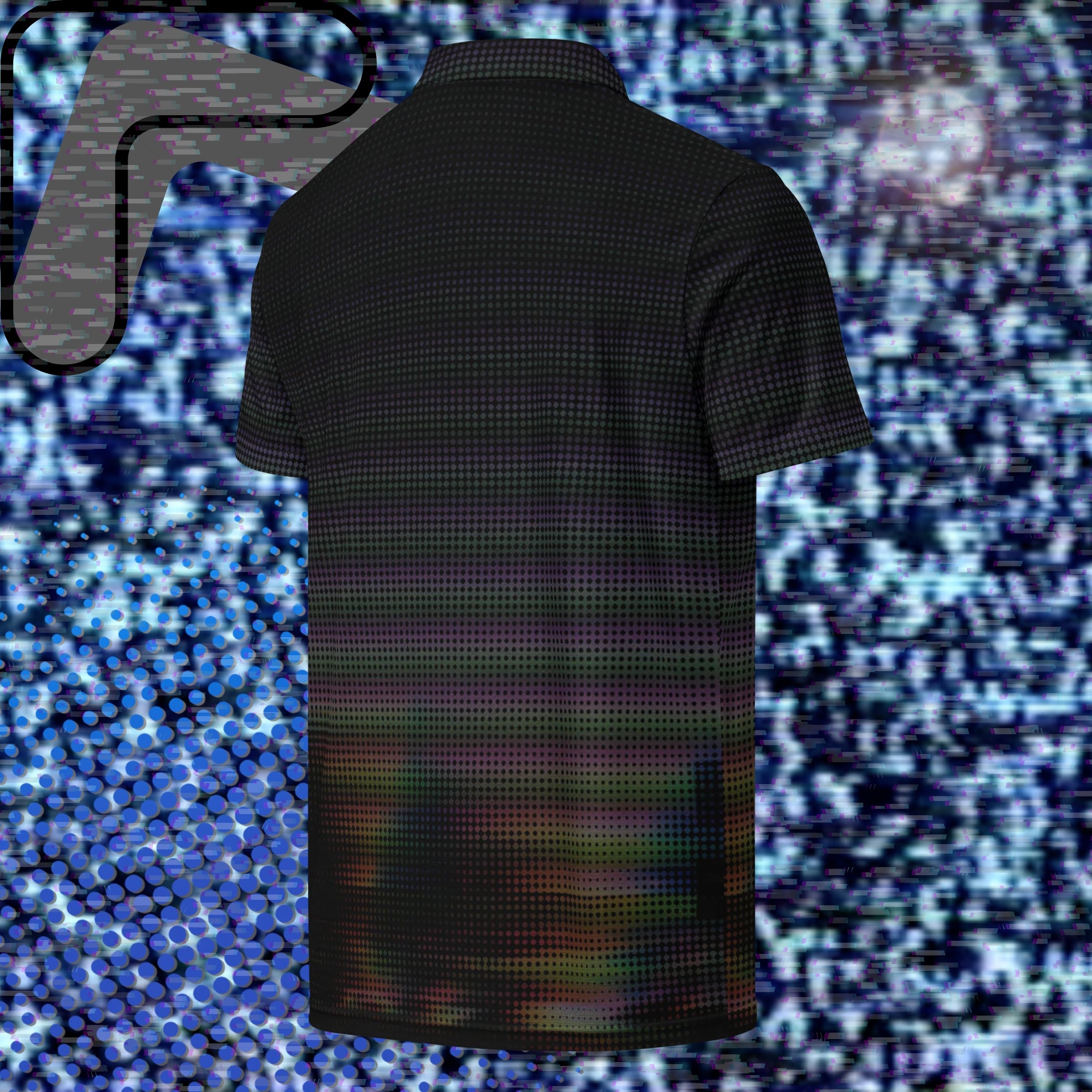 Black graphic polo shirt with digital dot effects in dark purple orange and green tones with distorted tree outlines and glitch effects