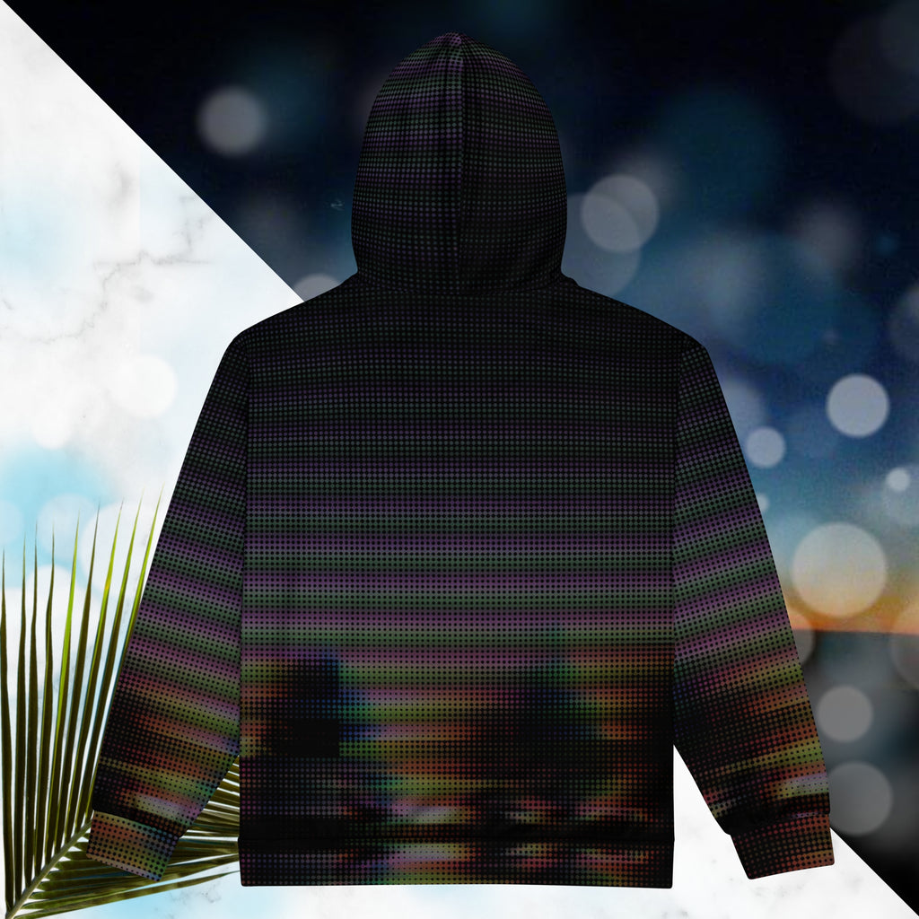 Primarily black full color all over print zip hoodie with a distorted and glitched aurora borealis sunset behind warped pine trees overlayed with black dots forming retro television scan lines and vibrant iridescent shades of color darkening towards the top