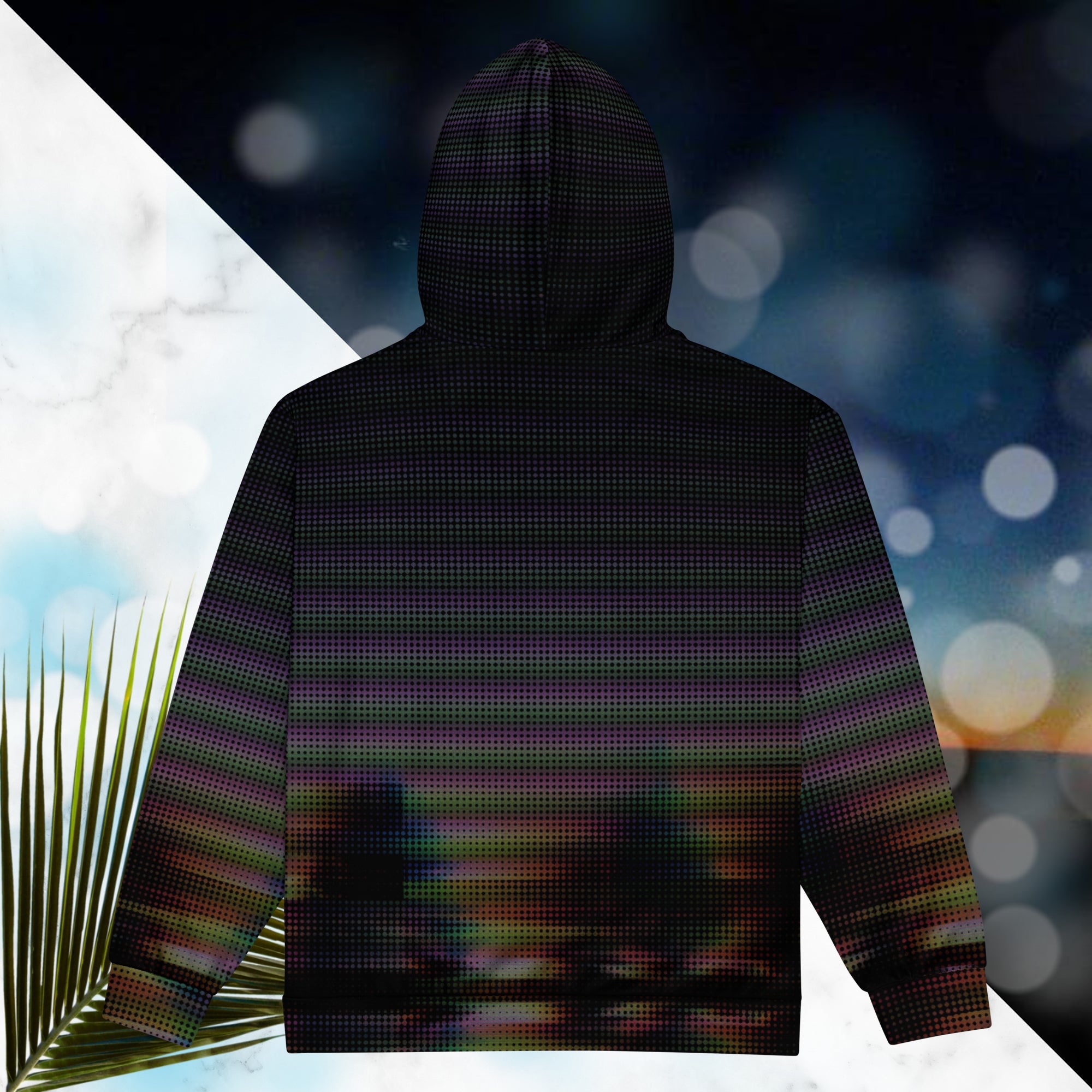 Primarily black full color all over print zip hoodie with a distorted and glitched aurora borealis sunset behind warped pine trees overlayed with black dots forming retro television scan lines and vibrant iridescent shades of color darkening towards the top
