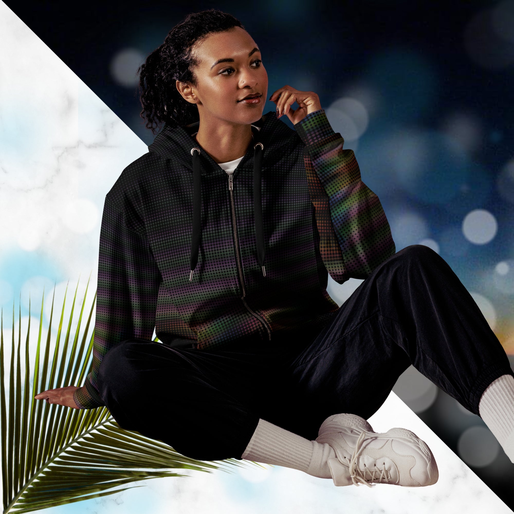 Primarily black full color all over print zip hoodie with a distorted and glitched aurora borealis sunset behind warped pine trees overlayed with black dots forming retro television scan lines and vibrant iridescent shades of color darkening towards the top