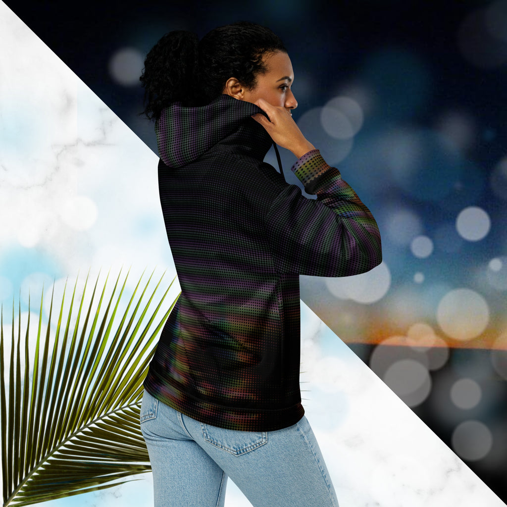 Primarily black full color all over print zip hoodie with a distorted and glitched aurora borealis sunset behind warped pine trees overlayed with black dots forming retro television scan lines and vibrant iridescent shades of color darkening towards the top