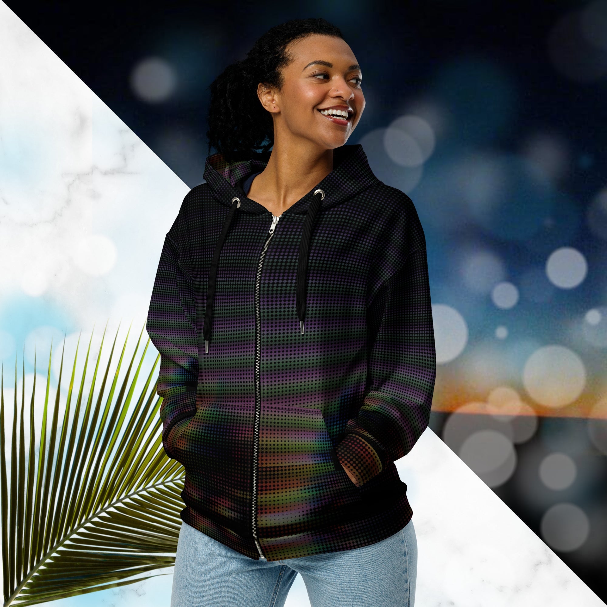 Primarily black full color all over print zip hoodie with a distorted and glitched aurora borealis sunset behind warped pine trees overlayed with black dots forming retro television scan lines and vibrant iridescent shades of color darkening towards the top