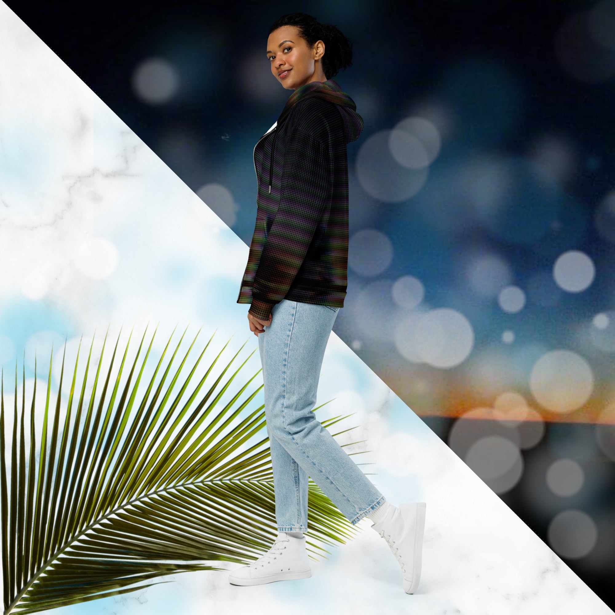 Primarily black full color all over print zip hoodie with a distorted and glitched aurora borealis sunset behind warped pine trees overlayed with black dots forming retro television scan lines and vibrant iridescent shades of color darkening towards the top