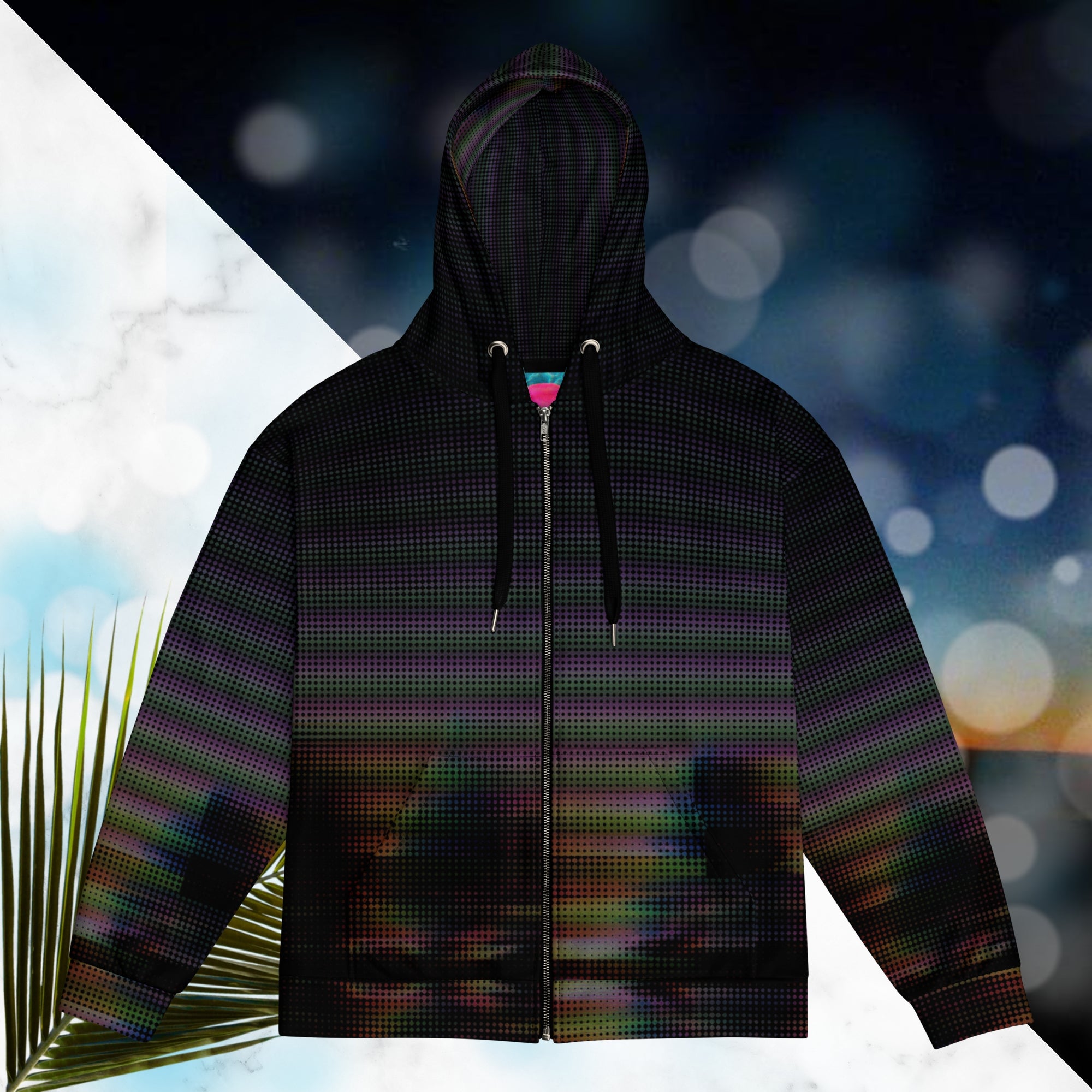 Primarily black full color all over print zip hoodie with a distorted and glitched aurora borealis sunset behind warped pine trees overlayed with black dots forming retro television scan lines and vibrant iridescent shades of color darkening towards the top