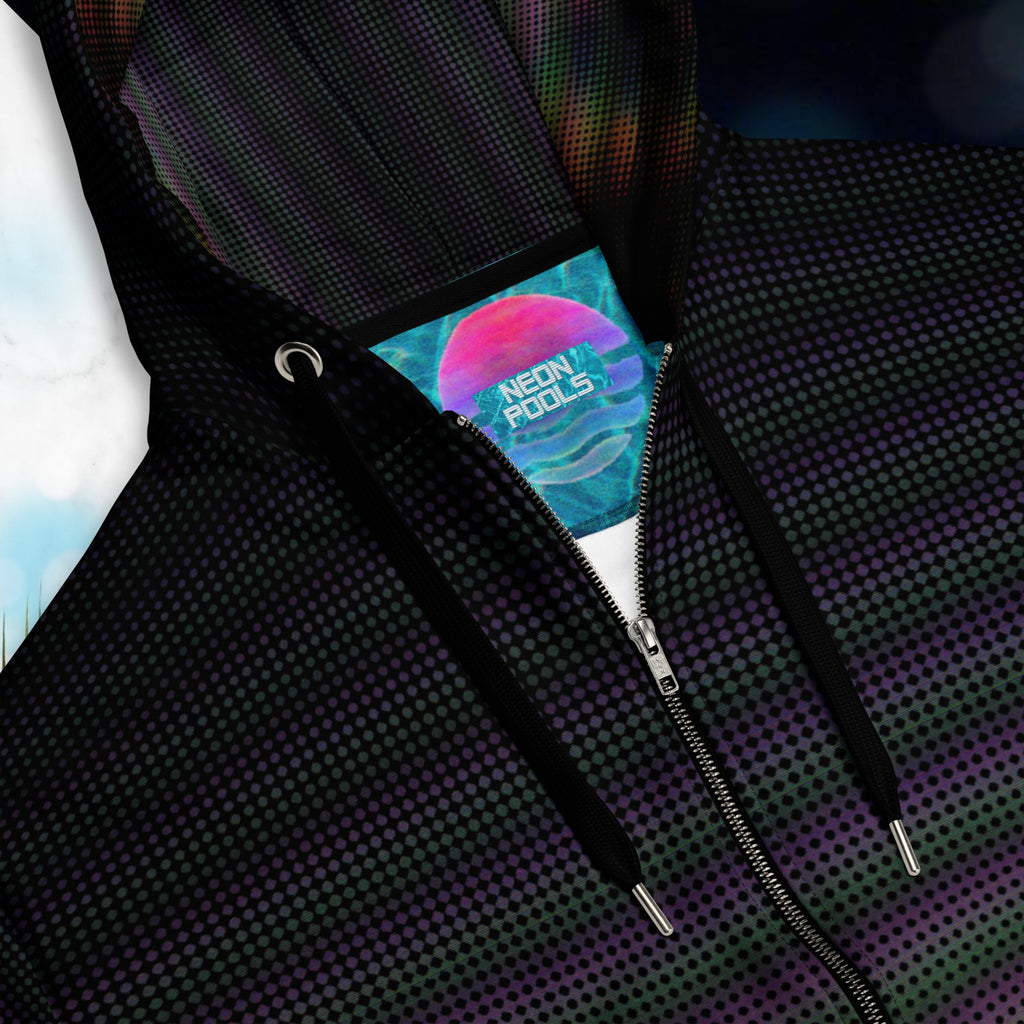 Closeup of neck line and Neon Pools logo insignia on primarily black full color all over print zip hoodie with a distorted and glitched aurora borealis sunset behind warped pine trees overlayed with black dots forming retro television scan lines and vibrant iridescent shades of color darkening towards the top