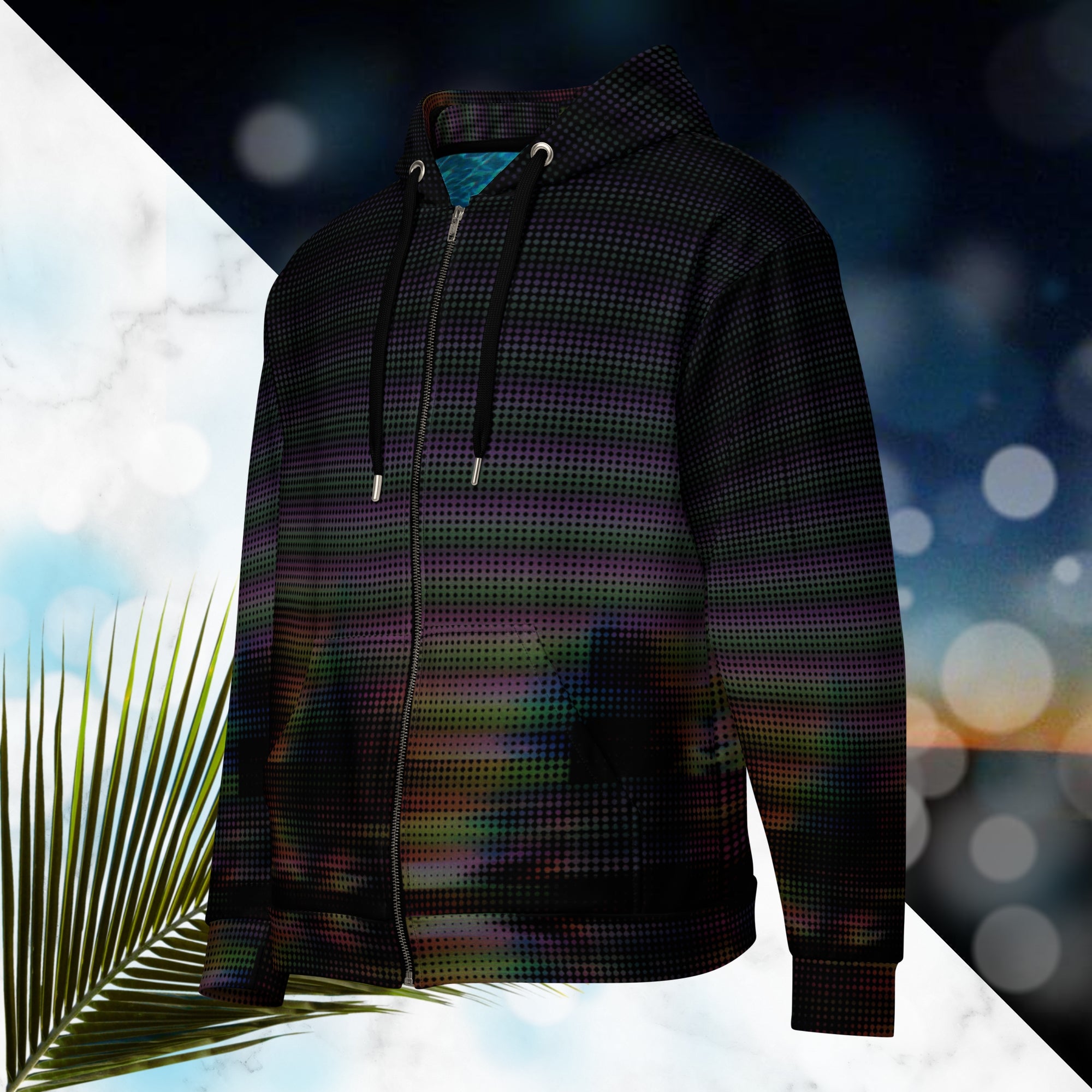 Primarily black full color all over print zip hoodie with a distorted and glitched aurora borealis sunset behind warped pine trees overlayed with black dots forming retro television scan lines and vibrant iridescent shades of color darkening towards the top