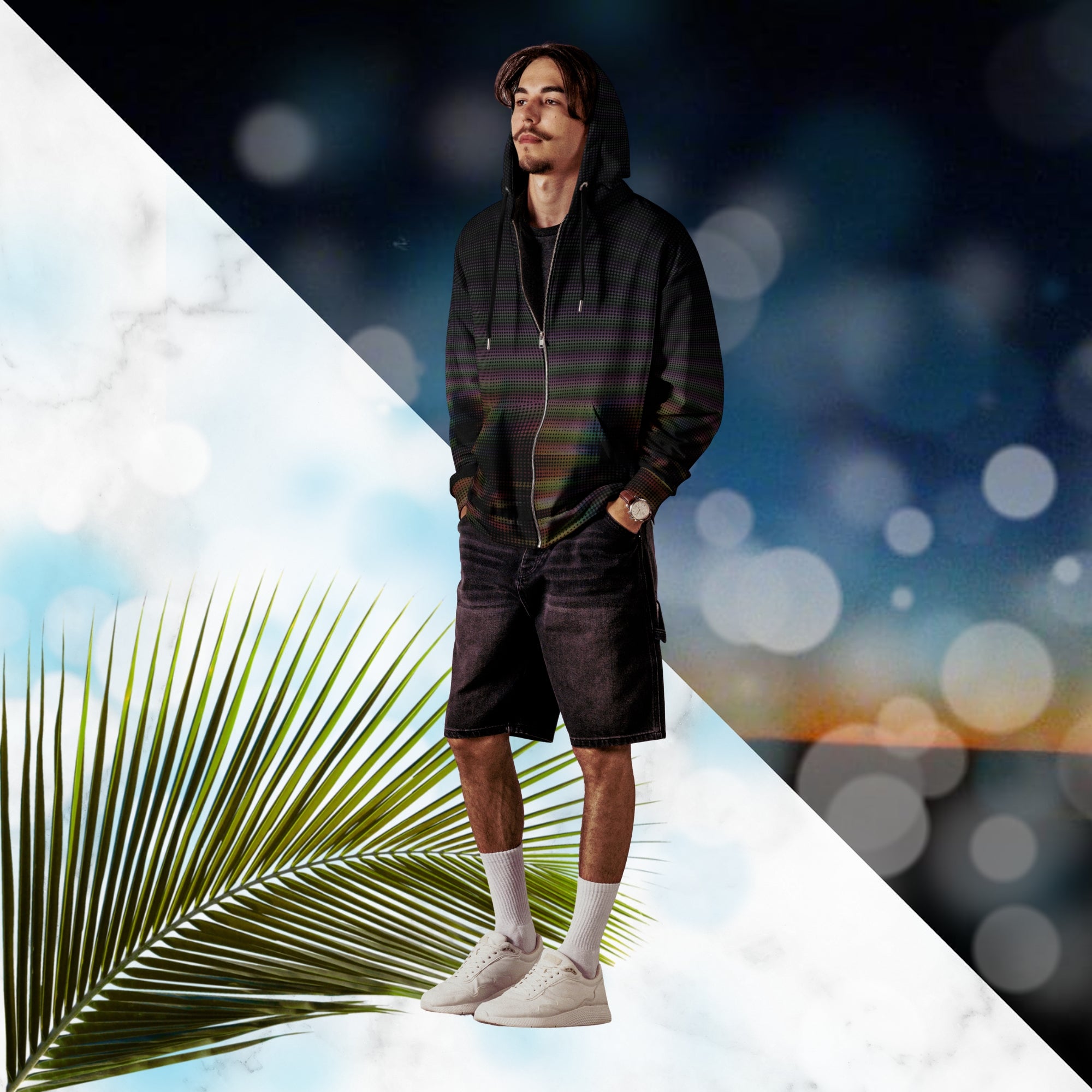 Primarily black full color all over print zip hoodie with a distorted and glitched aurora borealis sunset behind warped pine trees overlayed with black dots forming retro television scan lines and vibrant iridescent shades of color darkening towards the top