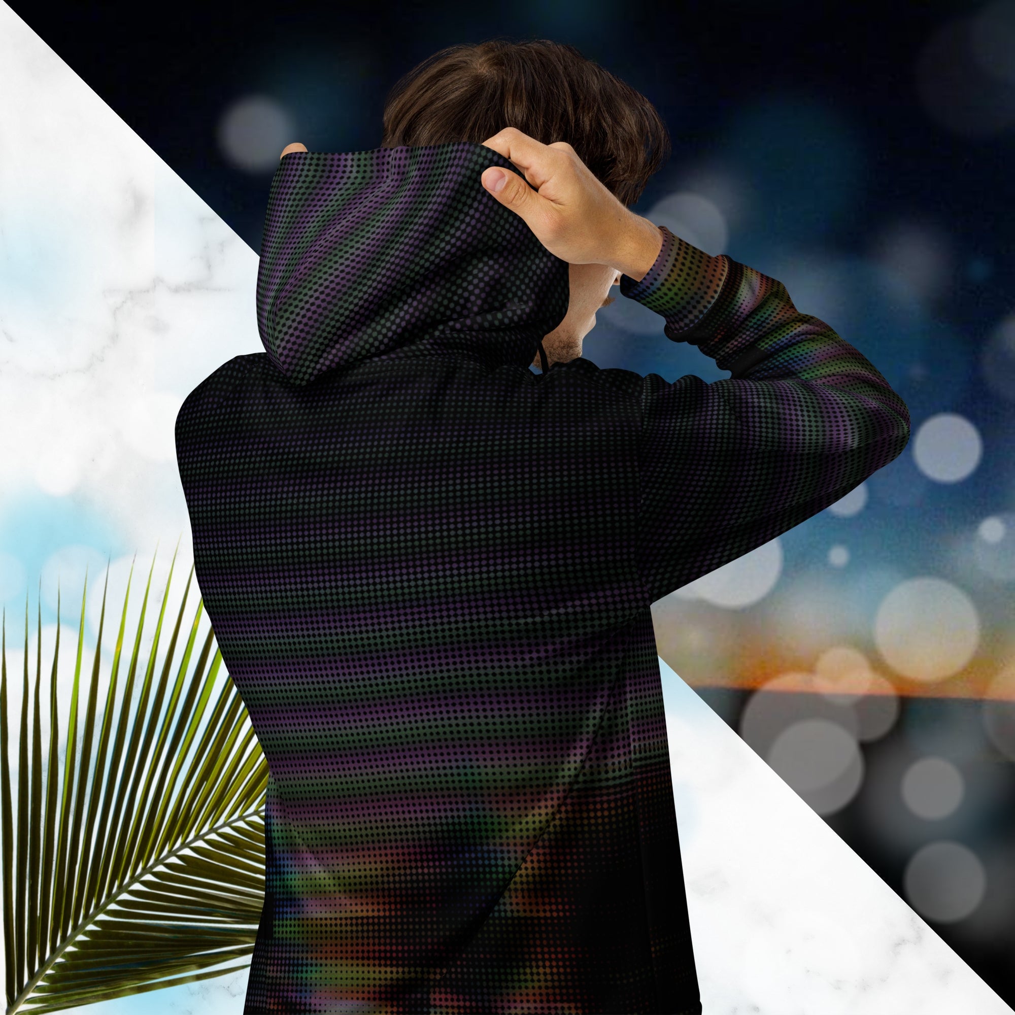 Primarily black full color all over print zip hoodie with a distorted and glitched aurora borealis sunset behind warped pine trees overlayed with black dots forming retro television scan lines and vibrant iridescent shades of color darkening towards the top