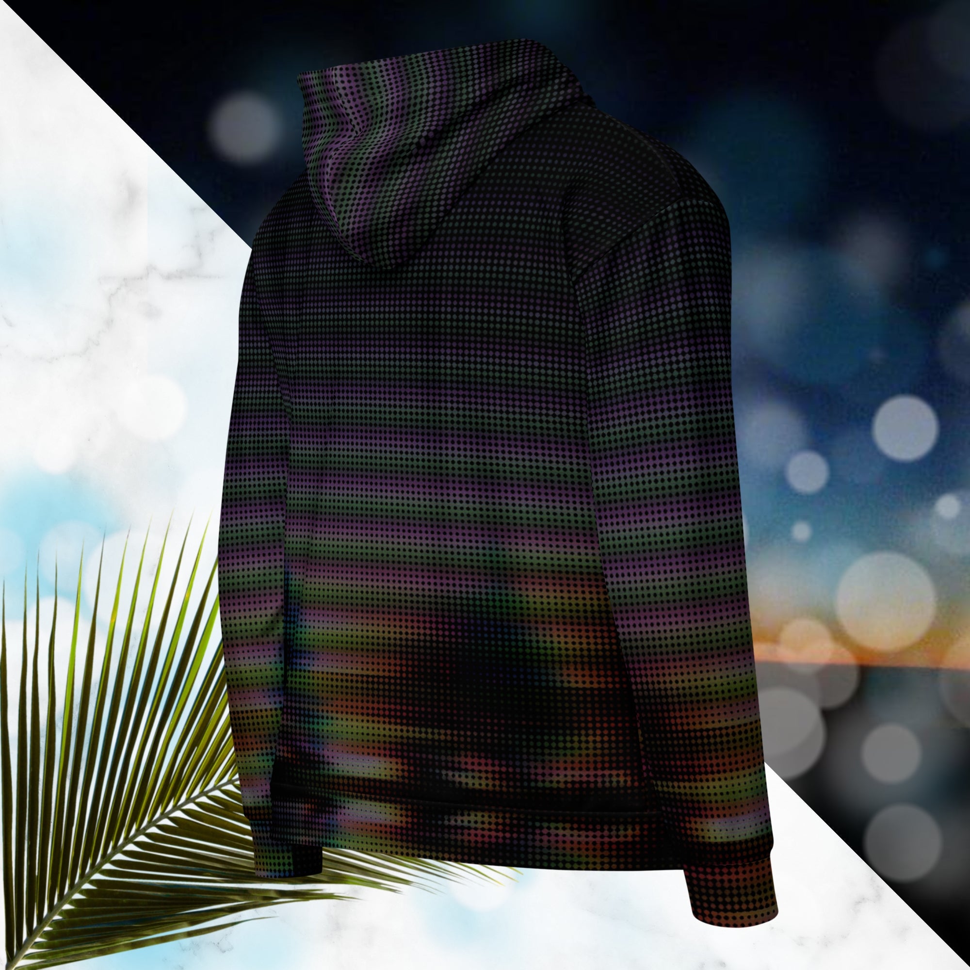 Primarily black full color all over print zip hoodie with a distorted and glitched aurora borealis sunset behind warped pine trees overlayed with black dots forming retro television scan lines and vibrant iridescent shades of color darkening towards the top
