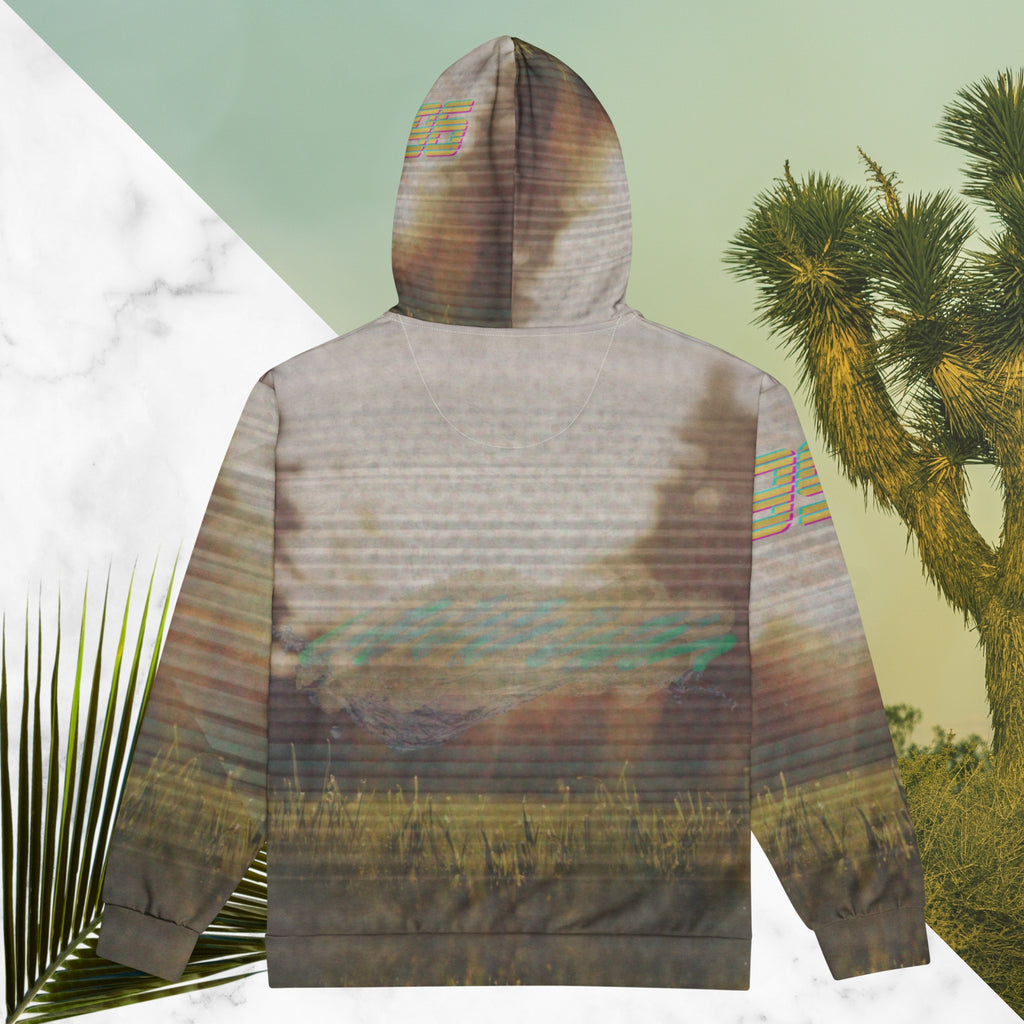 Multicolored all over print zip hoodie with full color 90s photo of sun setting through trees with grass in foreground overlayed with retro tv distortion and scan lines with grainy vhs effect transparent whit bars graphic in rhombus shape on left sleeve the numbers 1996 on right sleeve and left side of hood in retro 90s memphis font and retro jazz squiggle on back blending with colors