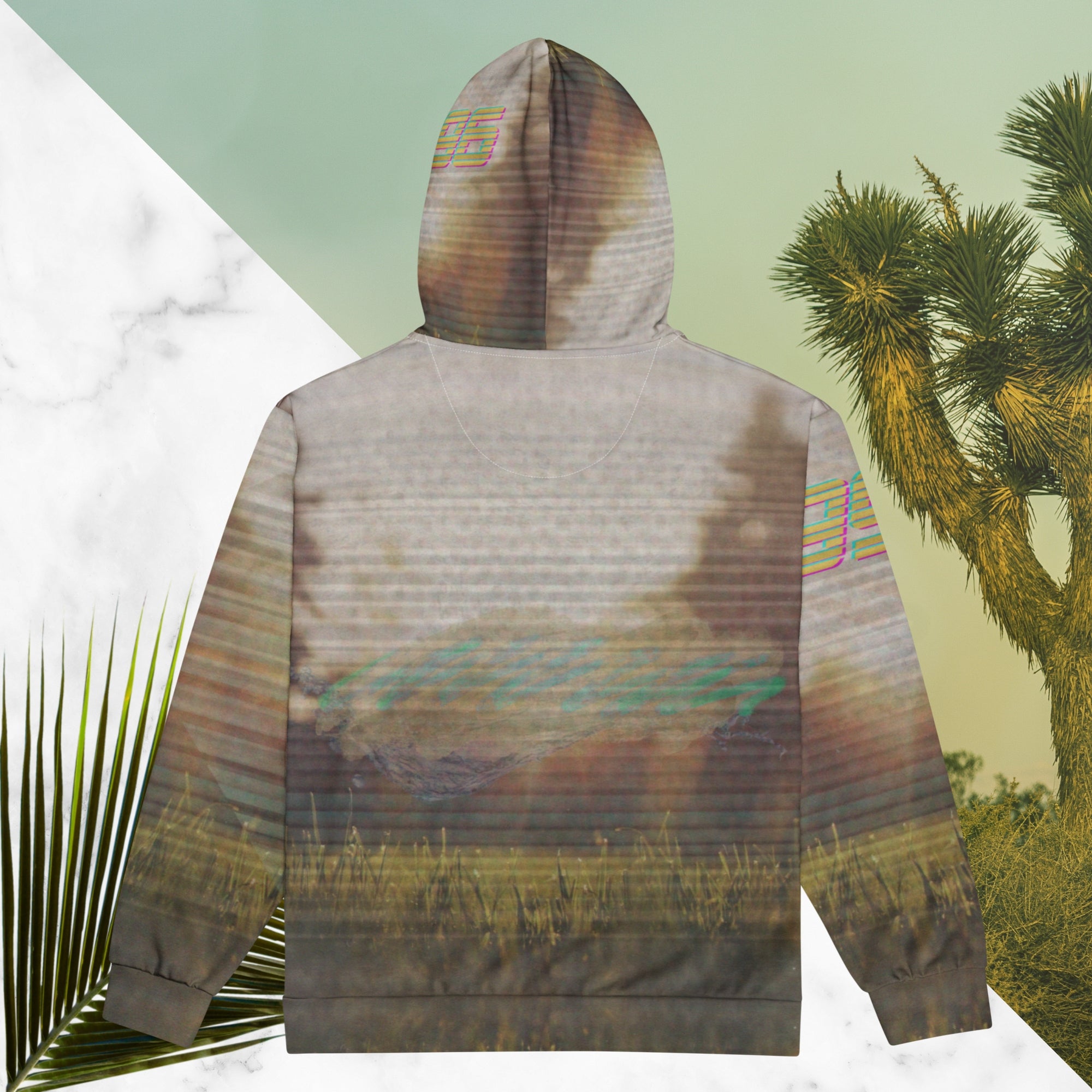 Multicolored all over print zip hoodie with full color 90s photo of sun setting through trees with grass in foreground overlayed with retro tv distortion and scan lines with grainy vhs effect transparent whit bars graphic in rhombus shape on left sleeve the numbers 1996 on right sleeve and left side of hood in retro 90s memphis font and retro jazz squiggle on back blending with colors