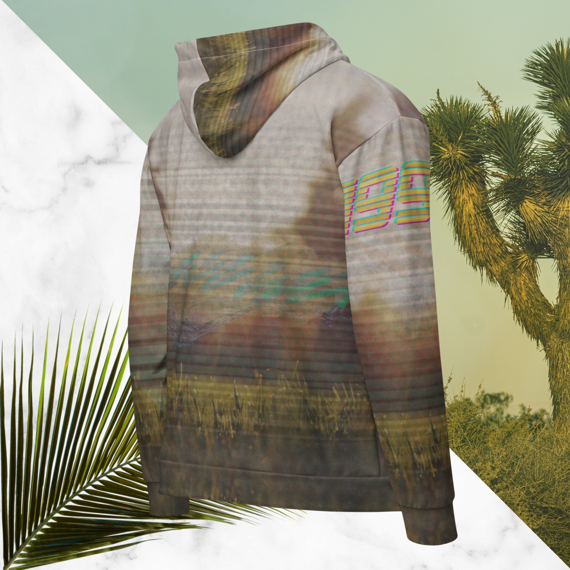Multicolored all over print zip hoodie with full color 90s photo of sun setting through trees with grass in foreground overlayed with retro tv distortion and scan lines with grainy vhs effect transparent whit bars graphic in rhombus shape on left sleeve the numbers 1996 on right sleeve and left side of hood in retro 90s memphis font and retro jazz squiggle on back blending with colors