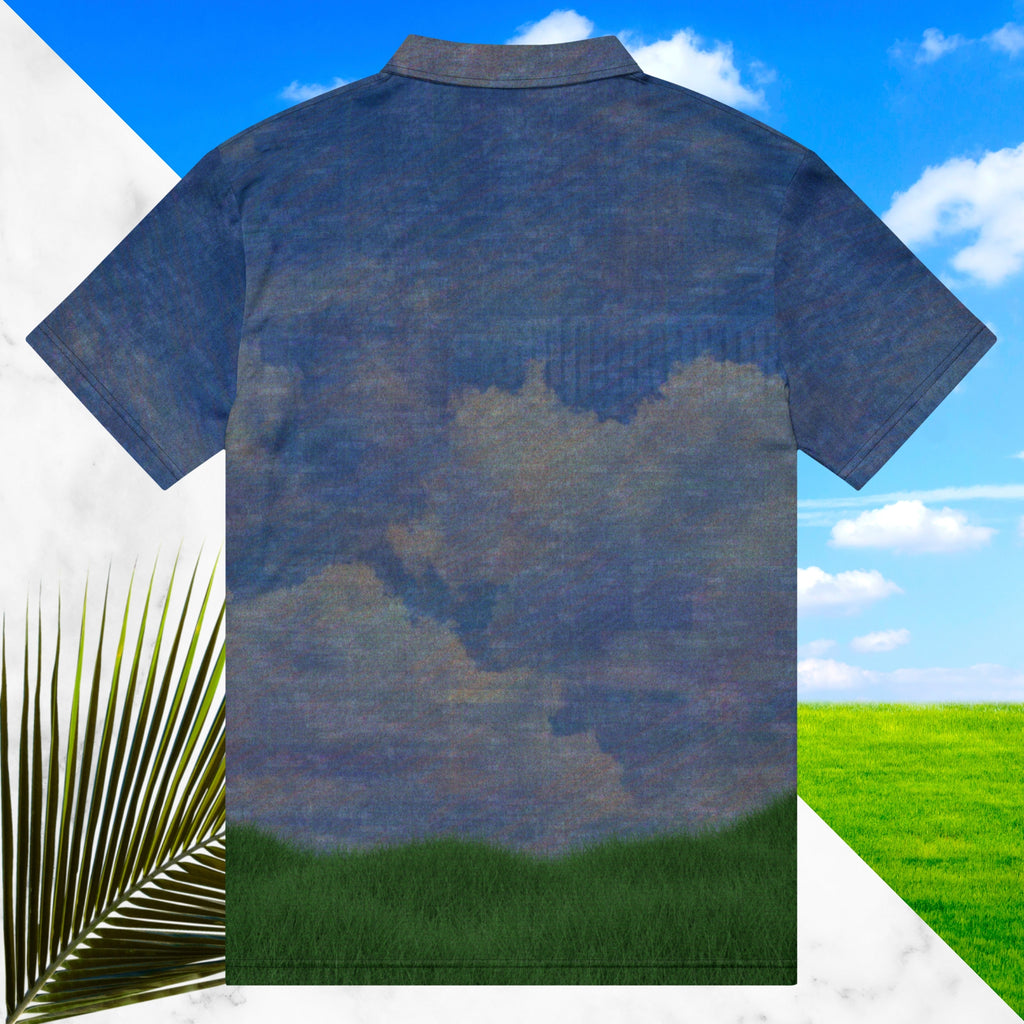 All over print frutiger aero themed blue sky clouds and grass polo shirt with retro digital effects tv distortion blue sky and white clouds with green grass at bottom abstract yellow and orange sun at left chest