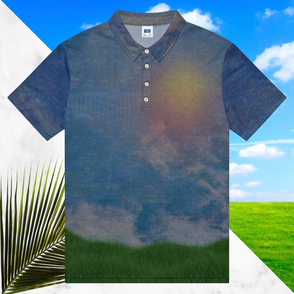 All over print frutiger aero themed blue sky clouds and grass polo shirt with retro digital effects tv distortion blue sky and white clouds with green grass at bottom abstract yellow and orange sun at left chest